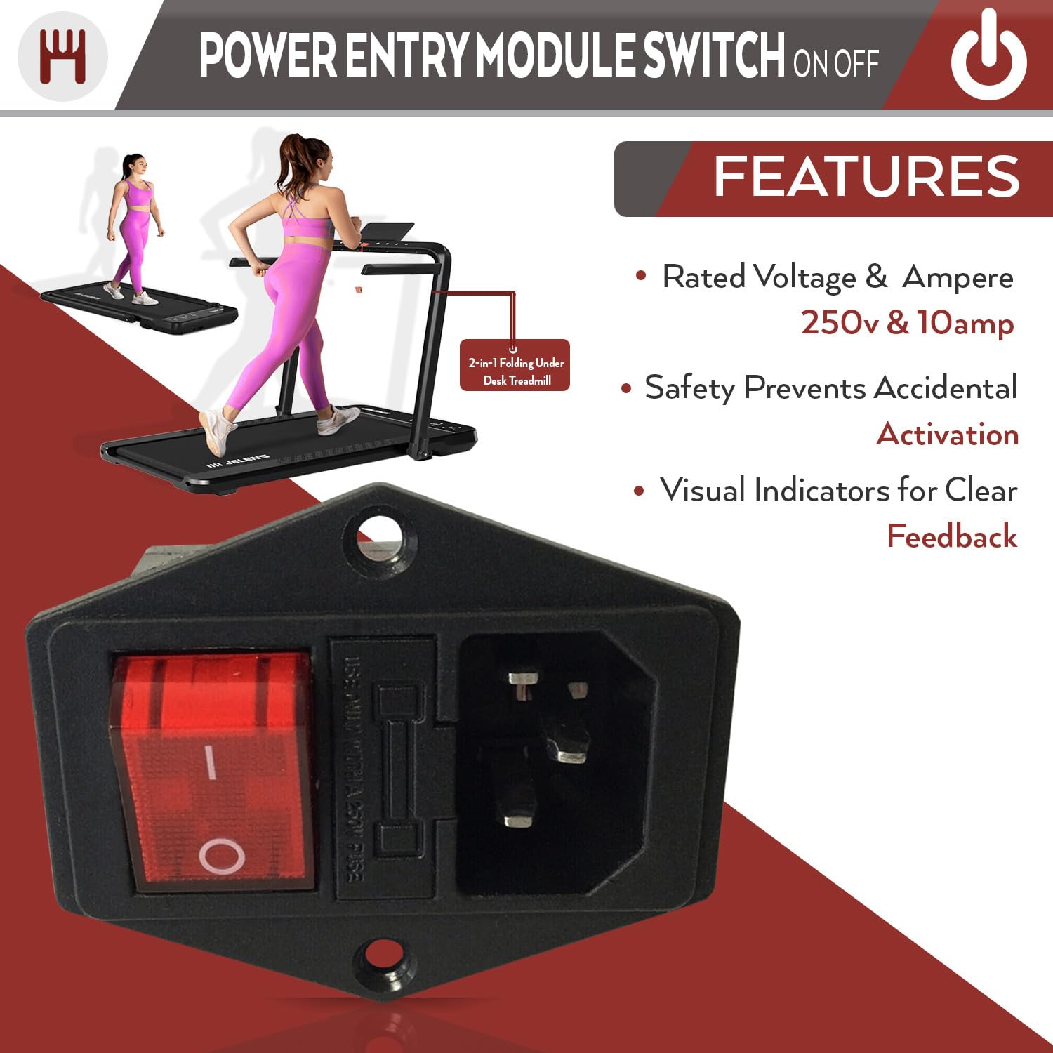 Superfit 10A 250V Power Entry On Off Switch Inlet Power Plug Socket Male 3 Pins Socket with Fuse Rocker Switch Module Plug for Treadmill Works with Superfit 2-in-1
