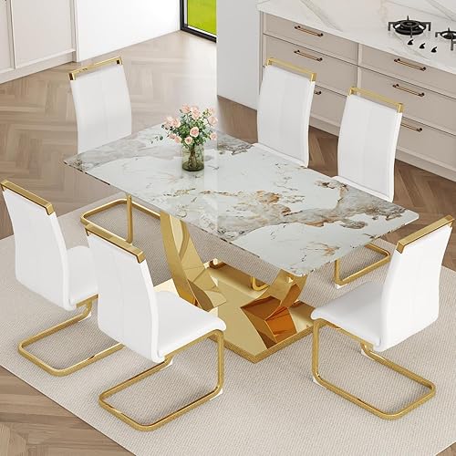 Juego de mesa de comedor de mármol sintético para 6, mesa de comedor moderna de 71 pulgadas para 6, mesa de cocina dorada de lujo y 6 sillas de Mesa
