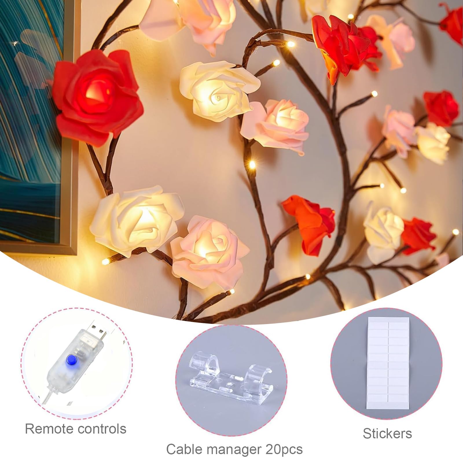 Luci LED a forma di ramo di albero da parete, luci a LED a forma di ramoscello con 96 luci a LED a forma di fiore e alimentazione USB, 8 modalità di illuminazione per interni, decorazione per