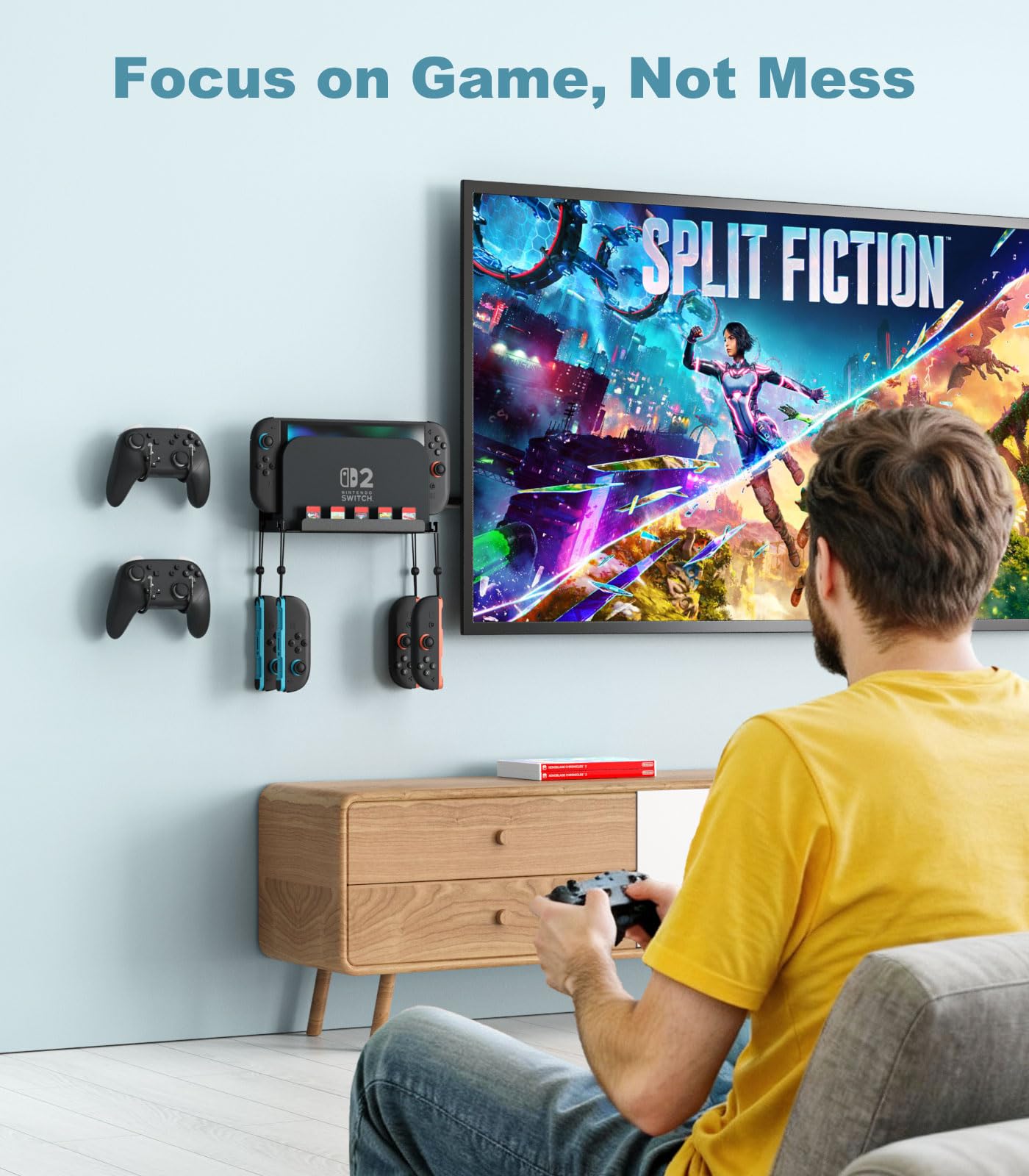 MoKo Support Mural Compatible avec Nintendo Switch 2 2025, Support de Jeux Vidéo en Métal avec 4 Crochets pour Joy-Con, Étagère Murale avec des Trous pour la Dissipation de la Chaleur, Noir