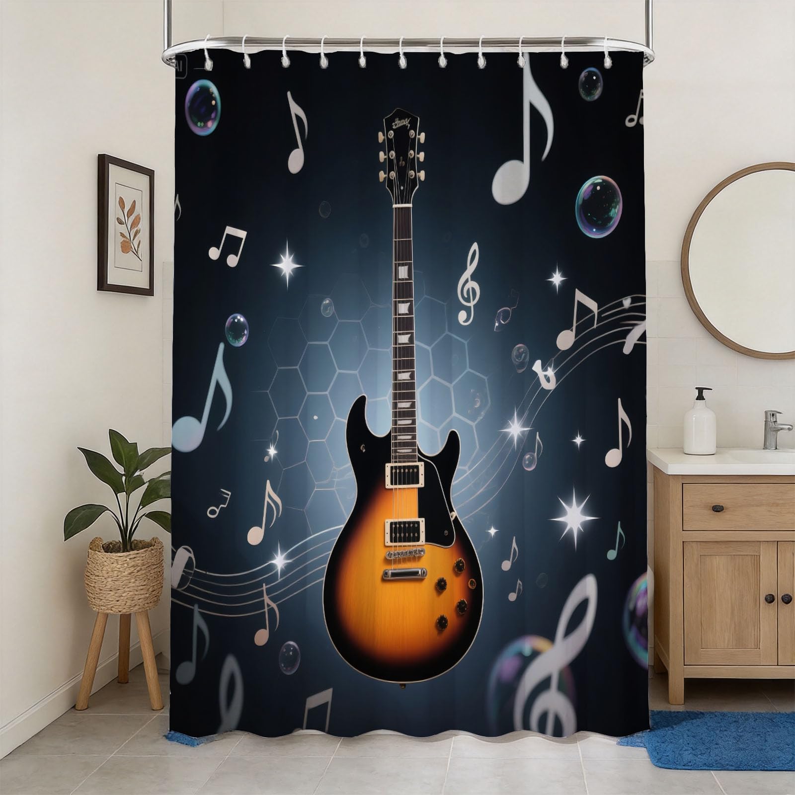 Hongduo 3D Electric Guitar Shower Curtain for Stalls Bathtubs Musical Note Bathroom Decor Shower Curtain Set Polyester Fabric Waterproof 180x200cm/71X79 Inch with Hooks