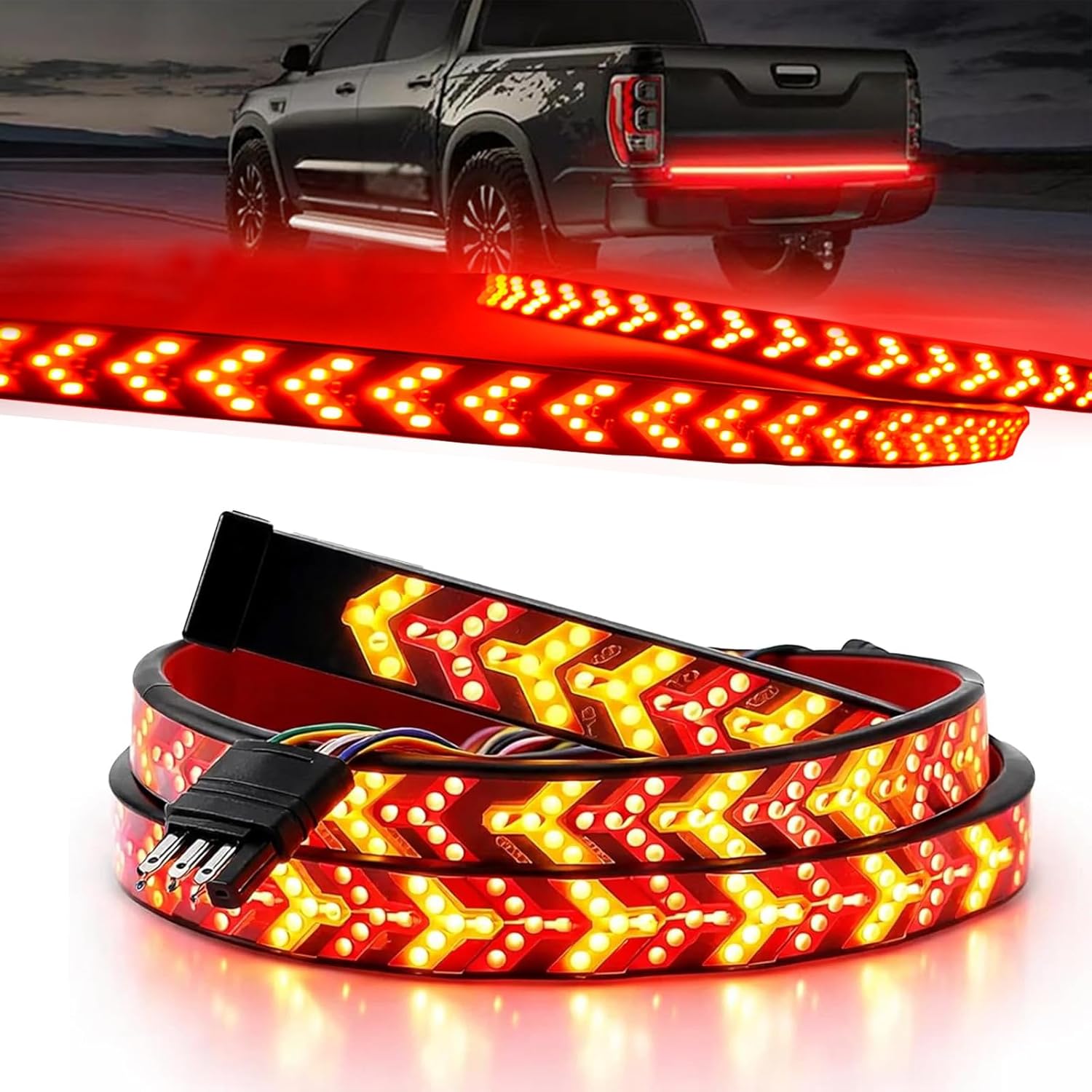 OJJ 2026 Upgrade Tailgate Light Bar 60 Inch Triple Row Tail light bar for Pickup Trailer SUV RV VAN Full Function Red Brake White Reverse Amber Turn Signal double flash Light No Drill Install (60inch)