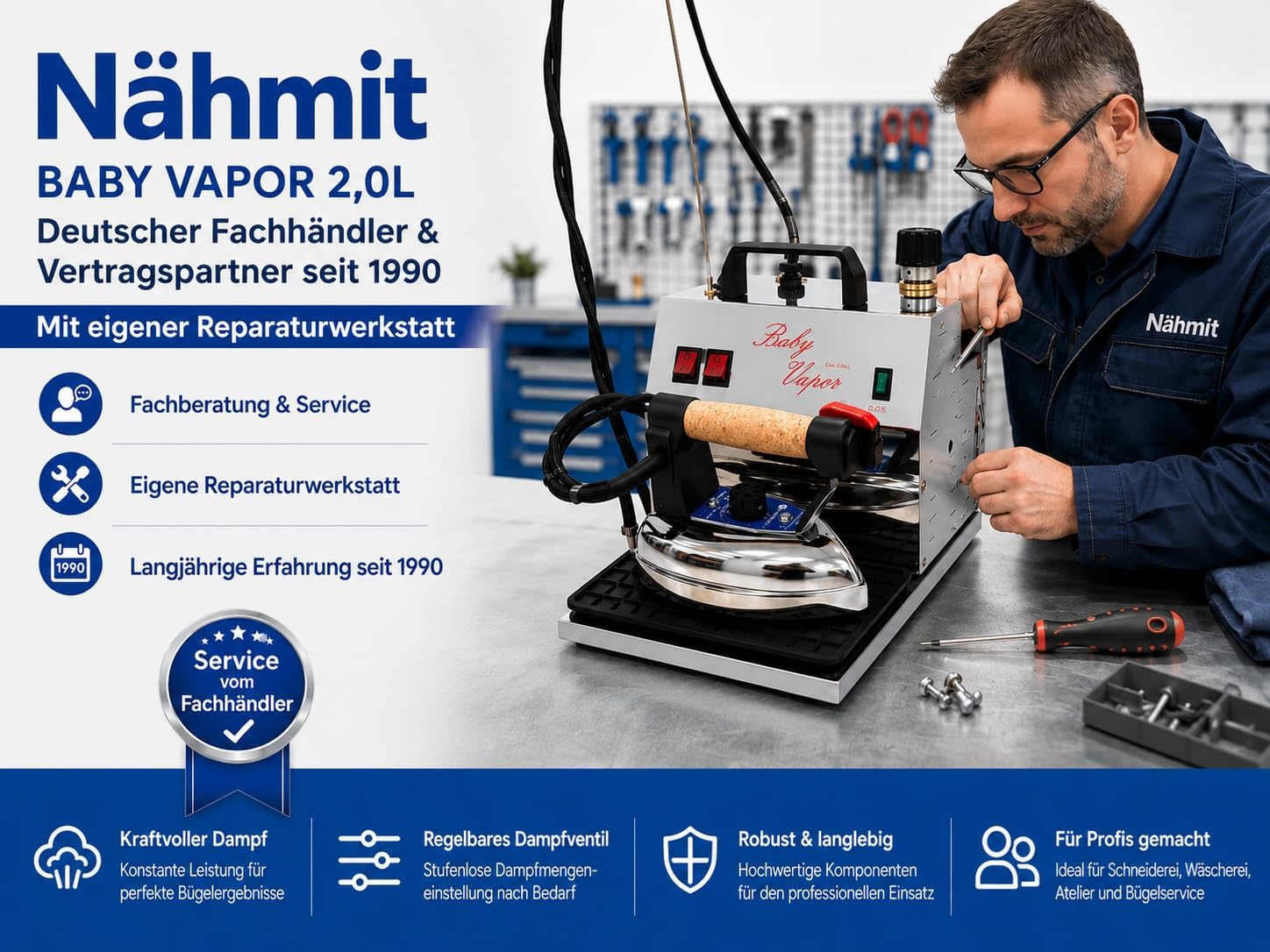 Stacja parowa z żelazkiem, 1600 W, 220 V, zbiornik na wodę, generator pary, system prasowania z miedzianym kotłem, regulowany zawór pary (Baby Vapor 2,0 l)
