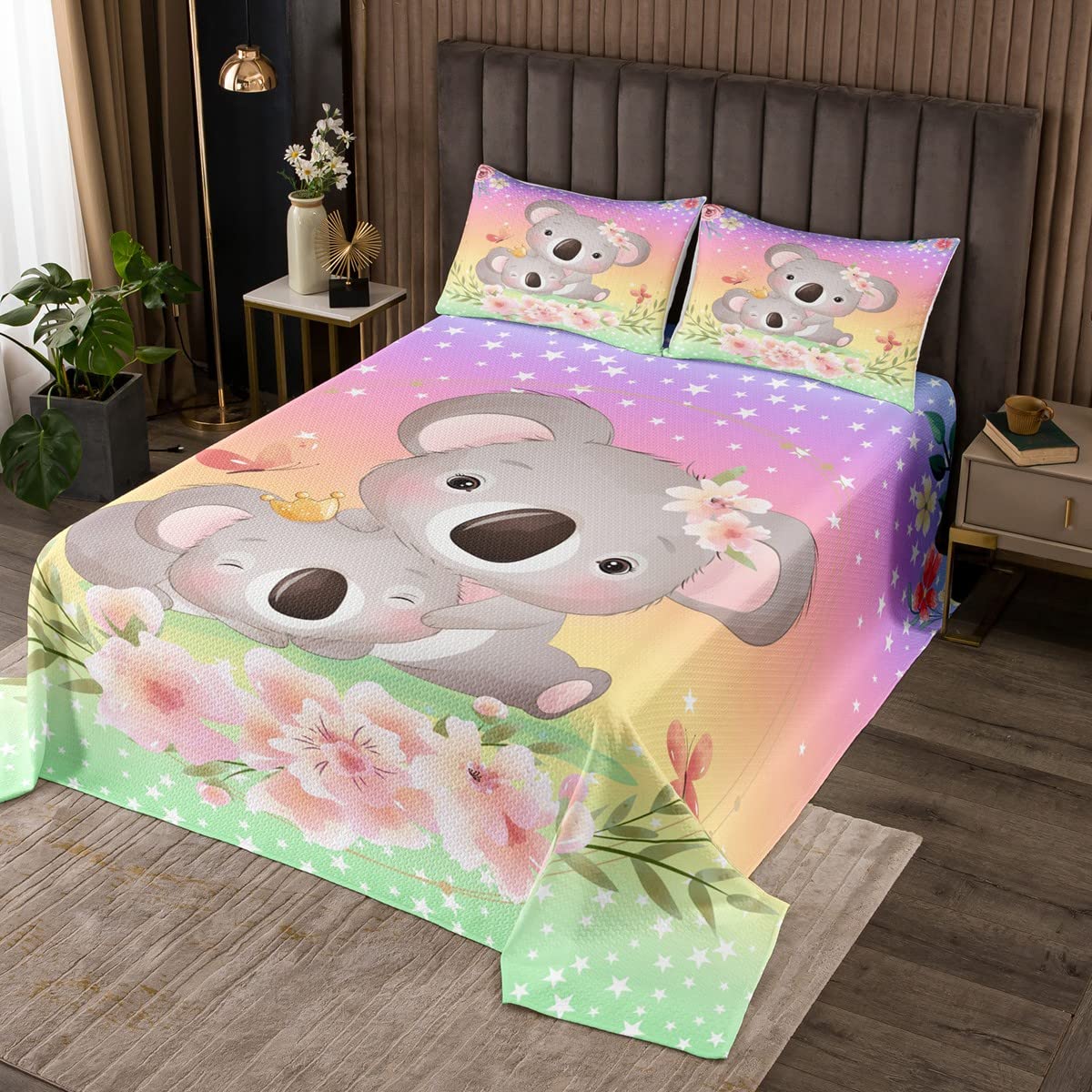 Homemissing Grazioso copriletto trapuntato Koala Cartoon Koala Set di copriletto per bambini e ragazze con fiori trapuntati con animali Kawaii trapuntati, 1 copriletto trapuntato per letto singolo