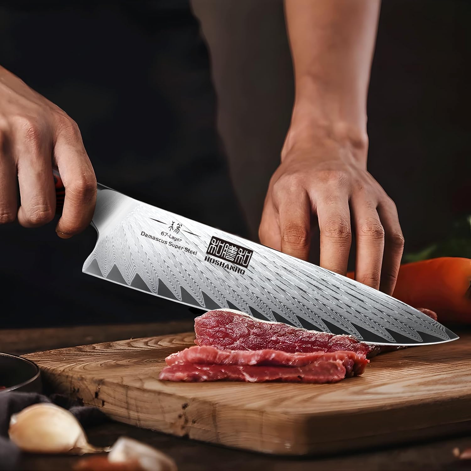 HOSHANHO Kitchen Knife Set with Block, 7 Pieces Chef Knife Set 67 Layers Damascus Steel Professional Knife Set for Cooking, Ergonomic G10 Handles with Sharpener