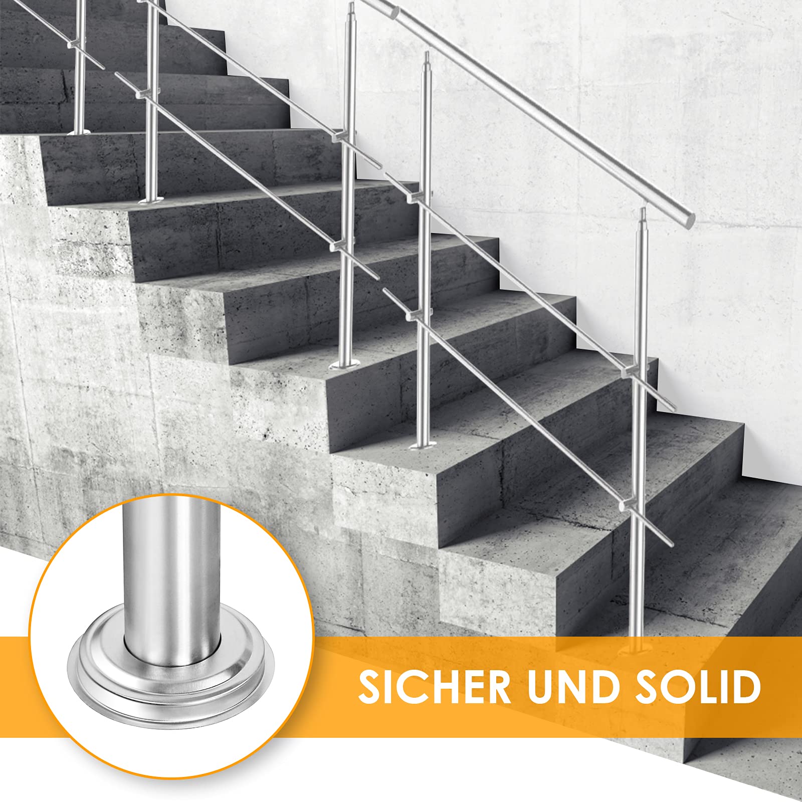 Daromigo Pasamanos de acero inoxidable de 150 cm con 2 travesaños, pasamanos de ángulo ajustable, diámetro de 42 mm, barandilla de acero inoxidable para interior y exterior, escaleras, balcón