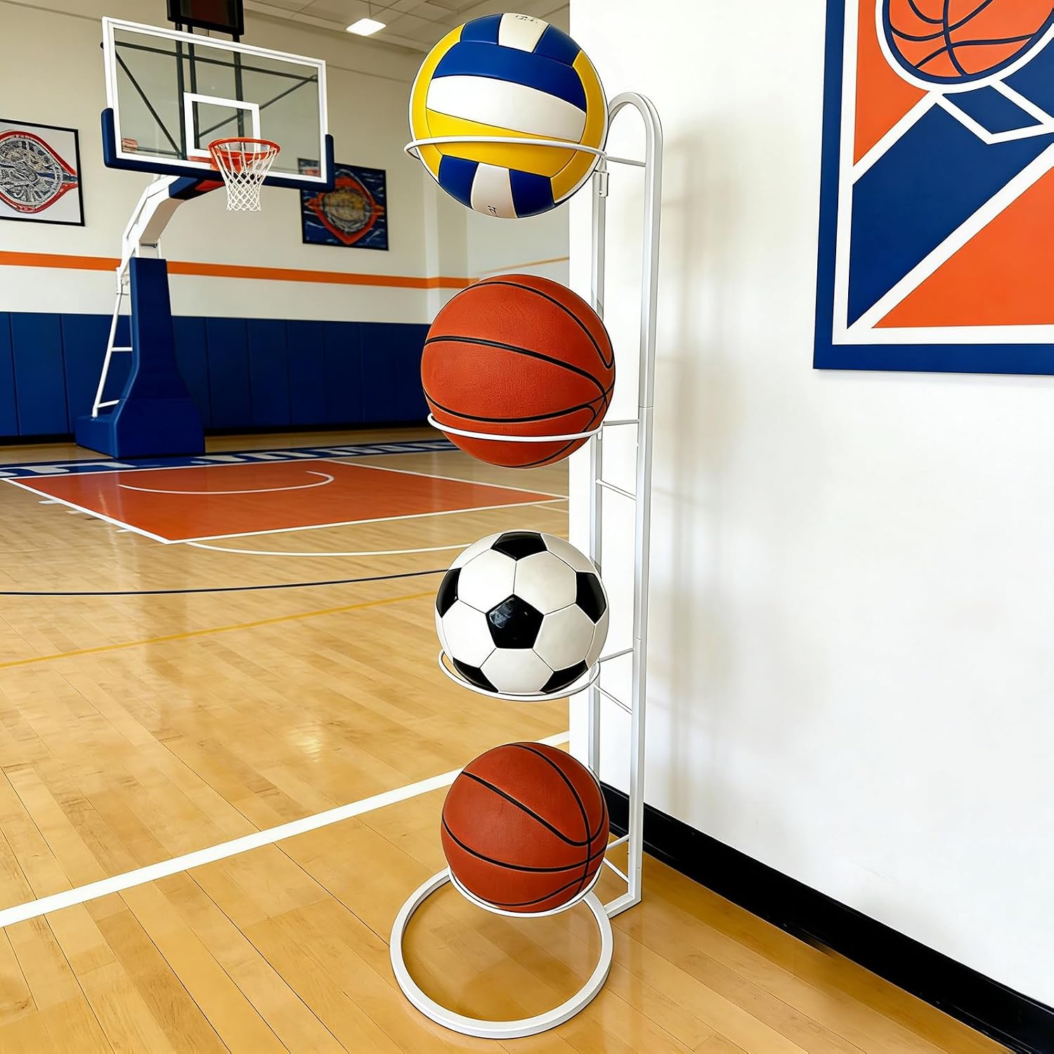Ball Storage Rack, White Metal, 4-Tier Vertical Organizer for Basketball, Soccer, Volleyball, Sports Equipment Holder (4-Tier)