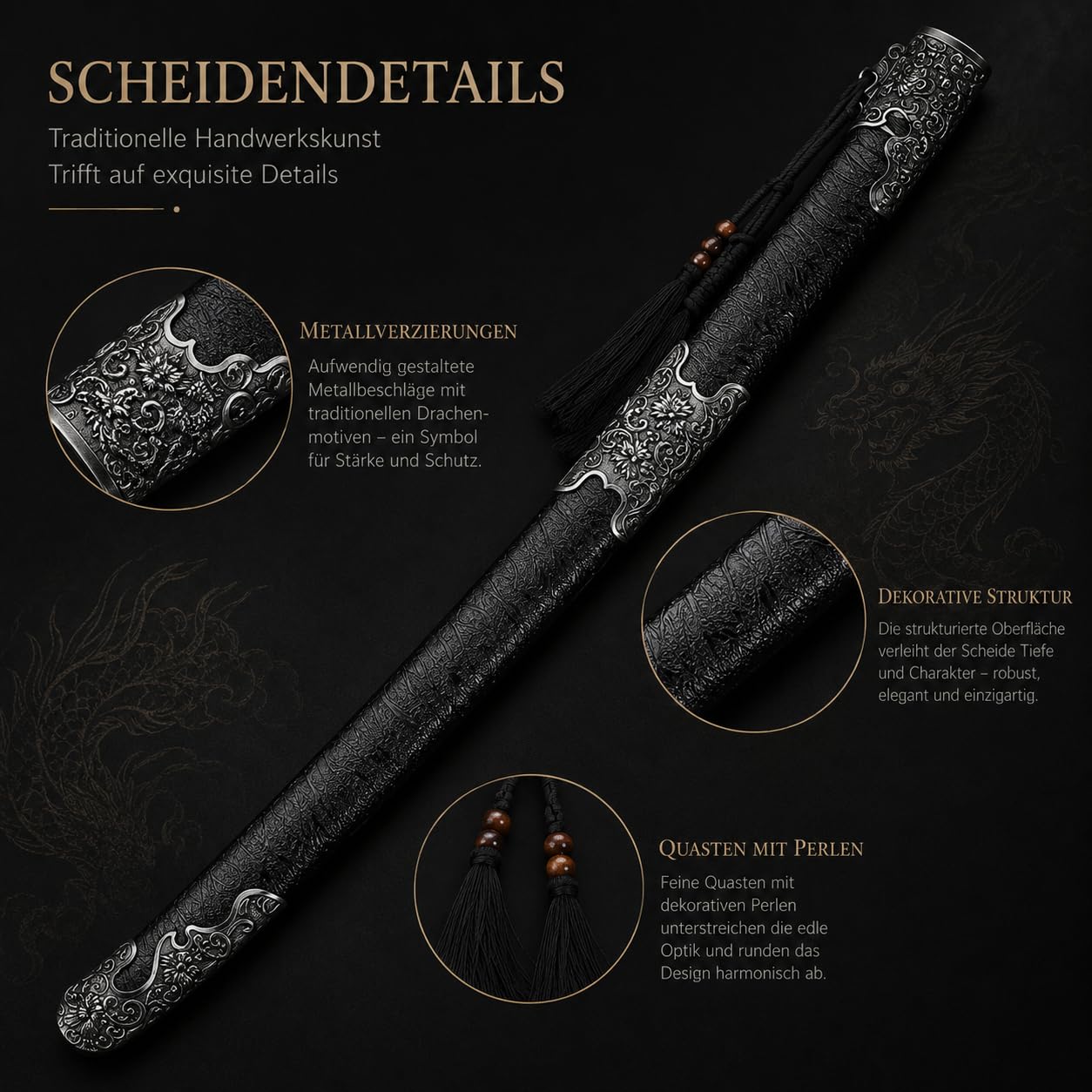 Dekoratives Samurai-Schwert Katana mit Blauer Klinge & Drachengravur, 104cm Japanisches Schwert aus Edelstahl mit ABS-Scheide, Ideal für Wanddekoration, Sammlungen und Geschenke