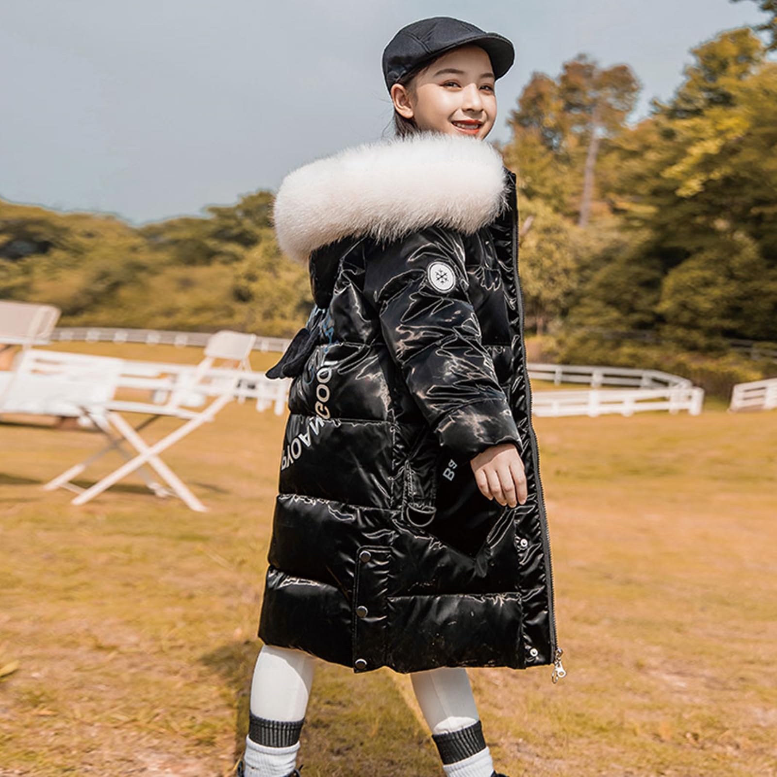 Giacca Trapuntata Bambina con Cappuccio con Collo in Pelle Cappotto Piumino Ragazza per Inverno