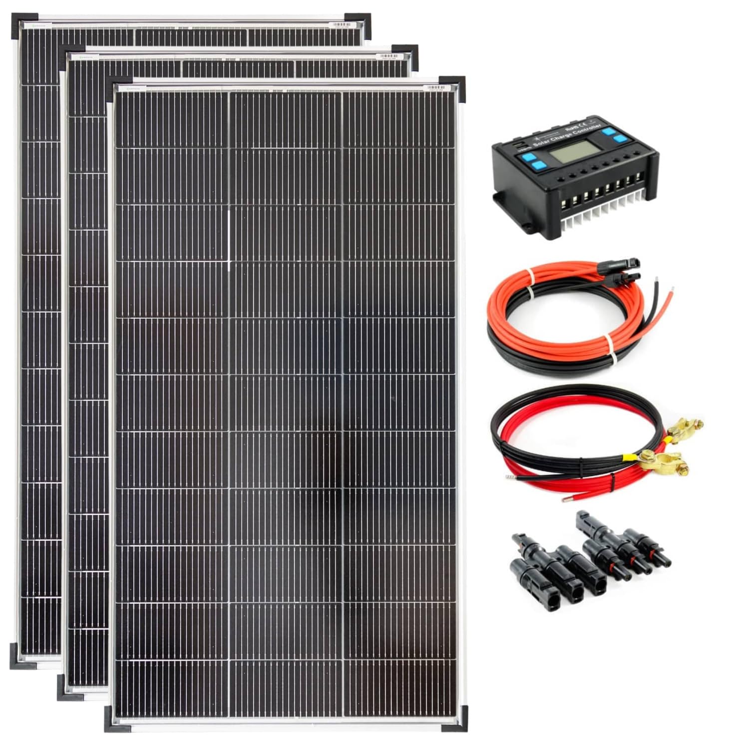 SOLARTRONICS Solar Set 3x 120W monokristalline Solarmodul + 30A Laderegler blau+ Solarkabel, Batteriekabel + Solarstecker