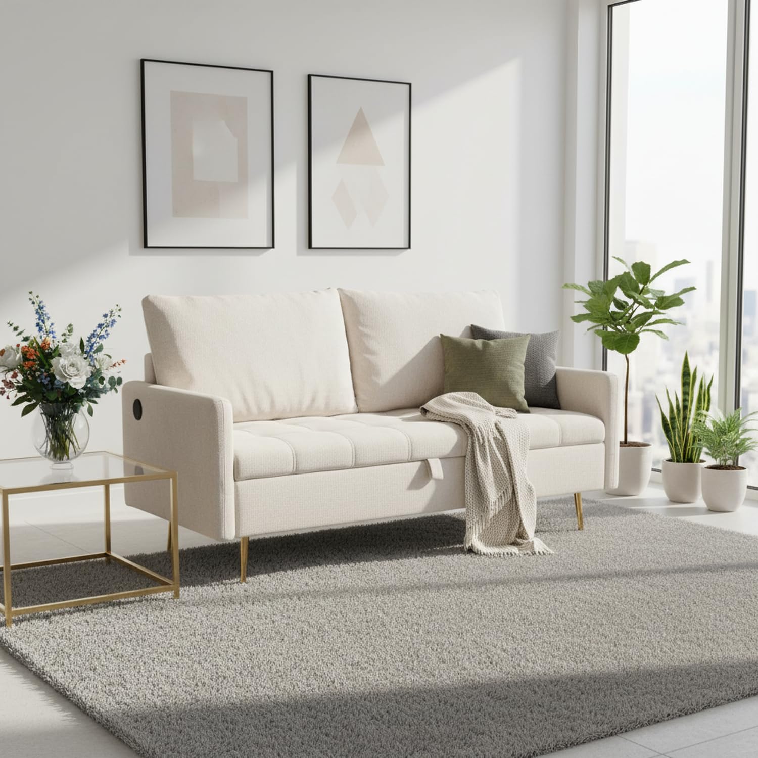 MEUBLE COSY Divano Imbottito 2 Posti in Tessuto con Porte USB e Vano Contenitore, Gambe in Metallo, Design Moderno per Soggiorno Camera da Letto e Appartamento, Beige