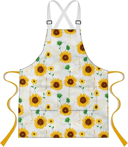 Delantal de girasol de 33.4 x 27.5 pulgadas, delantal de verano con estampado de girasol, delantal con 2 bolsillos, cintura extra larga, correas de