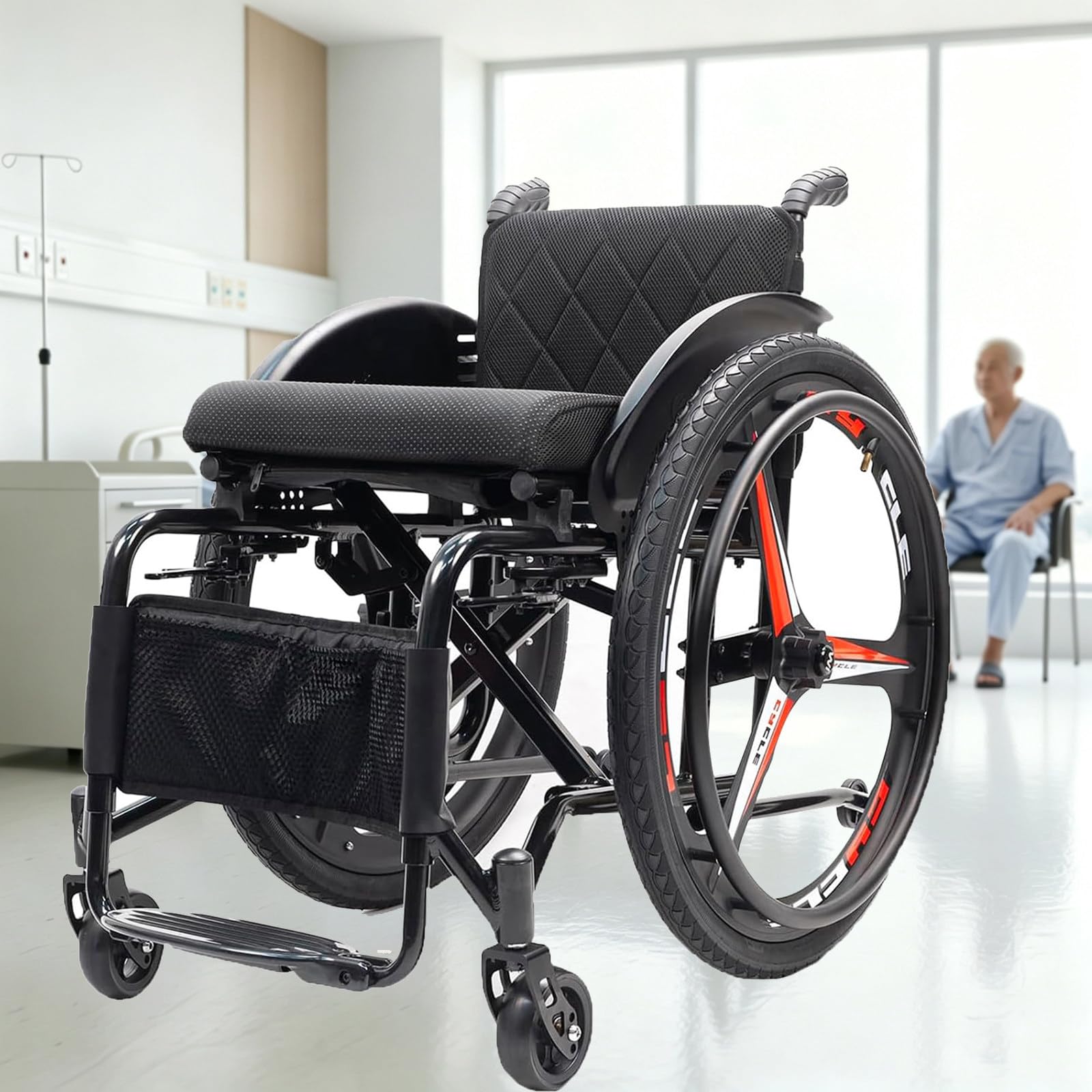 Składany, terenowy wózek inwalidzki, przenośny, aluminiowy, samojezdny, ręczny wózek inwalidzki, wózek transportowy z odchylanymi podnóżkami, zabezpieczenie Black-Softbackrest