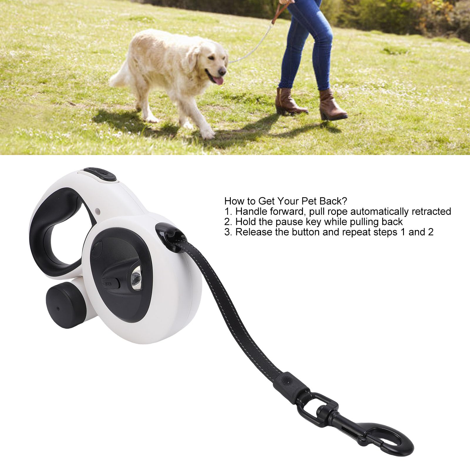 Correa Retráctil para Perro, Cinta de Nailon Reflectante con Luz LED, Retráctil Automático, Freno de una Tecla, Correas para Perros Grandes, Correa para Mascotas Resistente con Agarre Suave