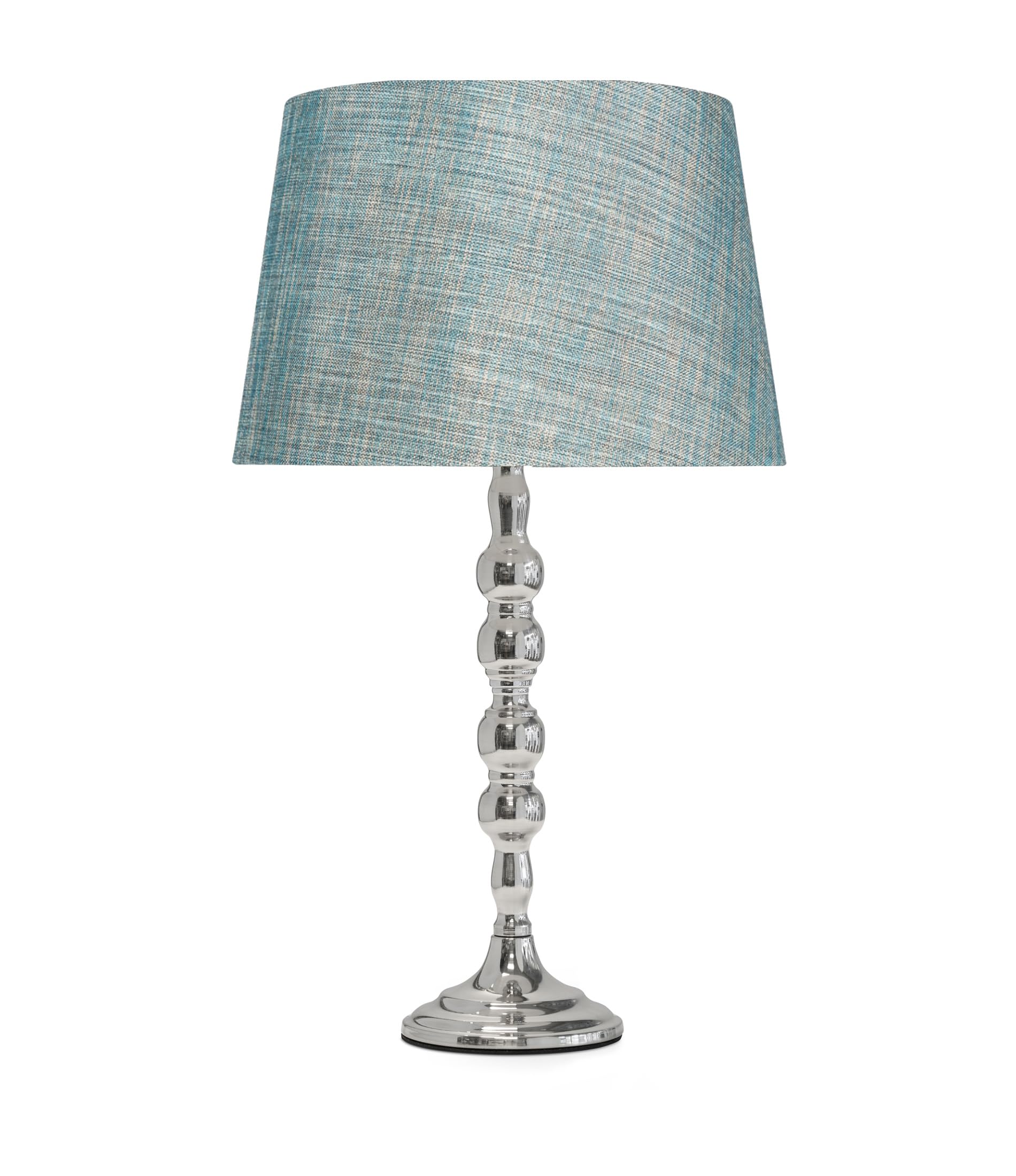 Lighting Supermarket Bergen Slimline Silver Chrome Candlestick Table Lamp, Decorative Modern Table Light with Choice of Fabric Lamp Shades, Bedroom, Living Room and Hallway (Blue Gold Linen Shade)
