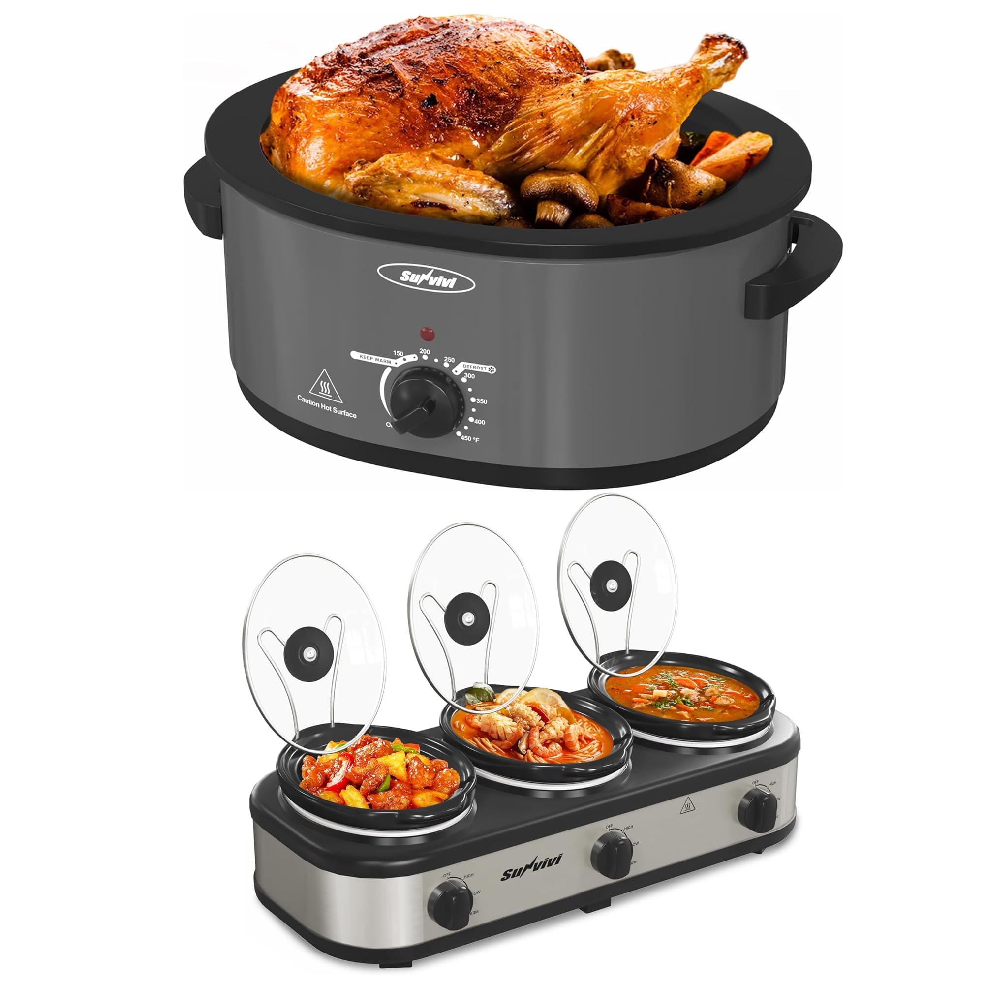 Sunvivi 8-Quart Slow Cooker with Self-Basting Lid And Triple Slow Cooker Electric Turkey Roaster Oven with Removable Pan