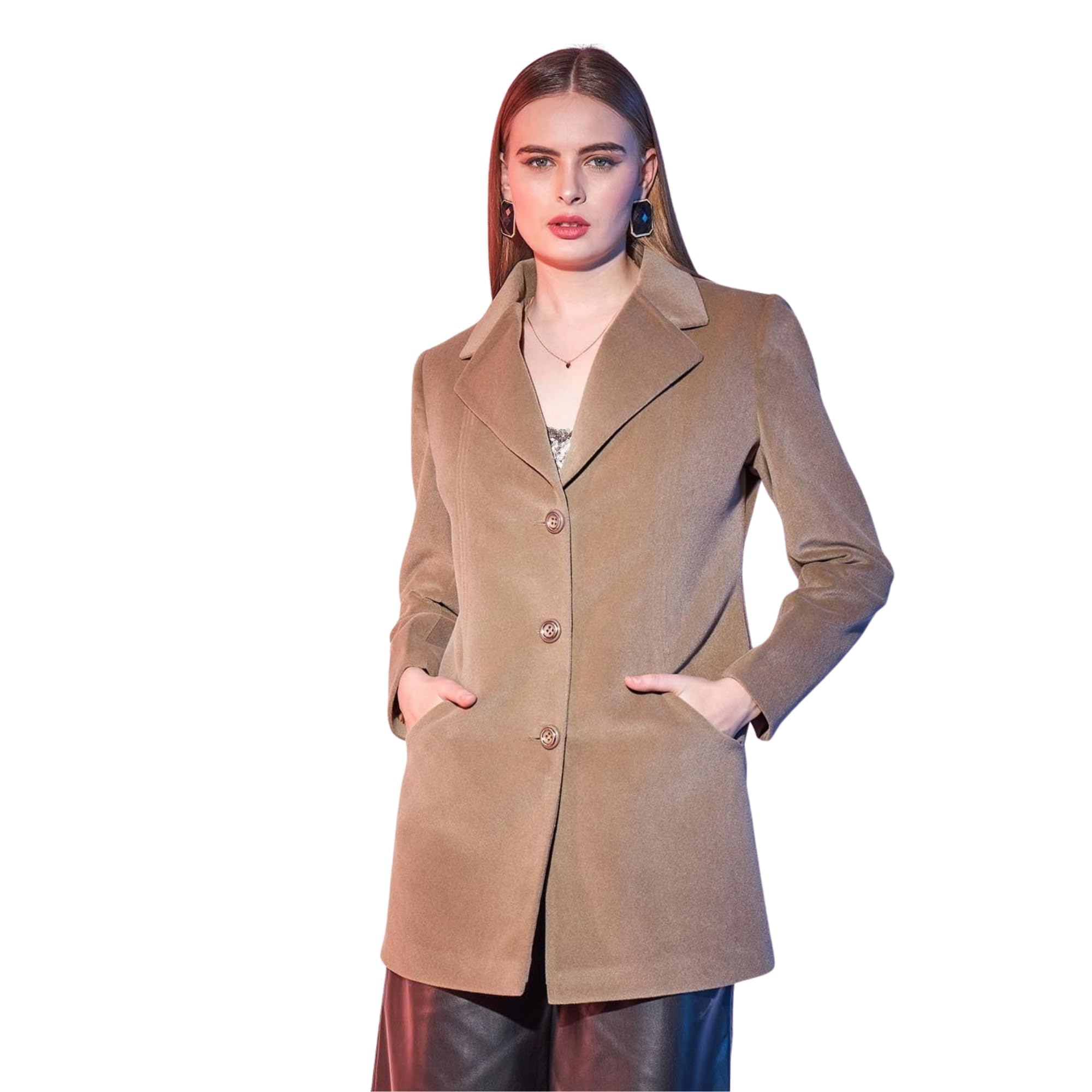 Women Solid Trench Coat | Belted Single Breasted Overcoat | Full Sleeve Elegant Outerwear for Professional & Casual Looks| Brown | COT00008747-0P-image-5