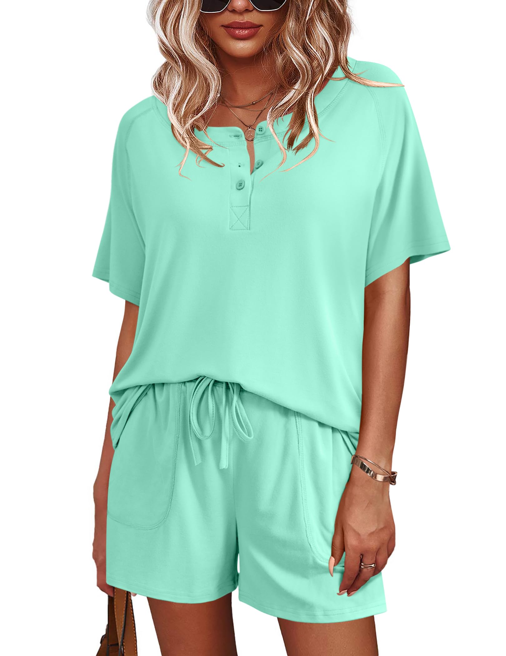 Ekouaer Womens Pajamas Set Short Sleeve Sleepwear 2 Piece Lounge Sets with Pockets S-XXL