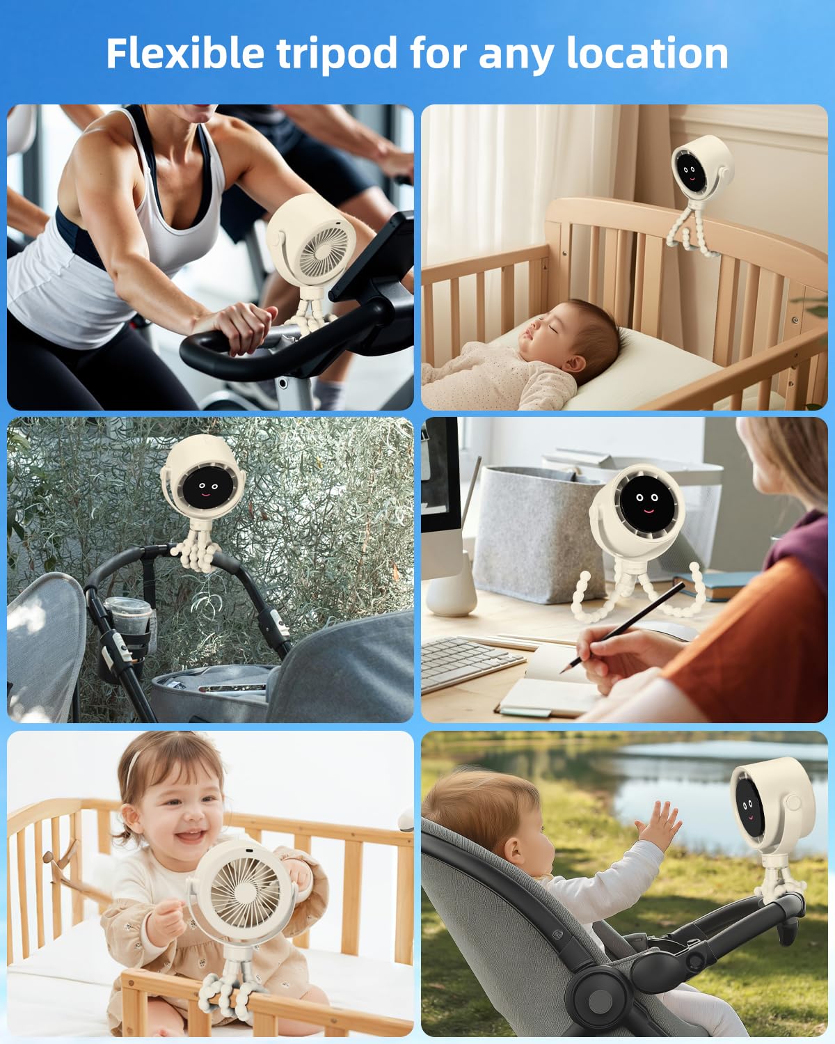 Akejrym Ventilatore per passeggino portatile, ventilatore personale da viaggio, Air Turbo Tech e display digitale, rimovibile a 5 velocità, ricaricabile, rotazione a 360°, treppiede flessibile, per