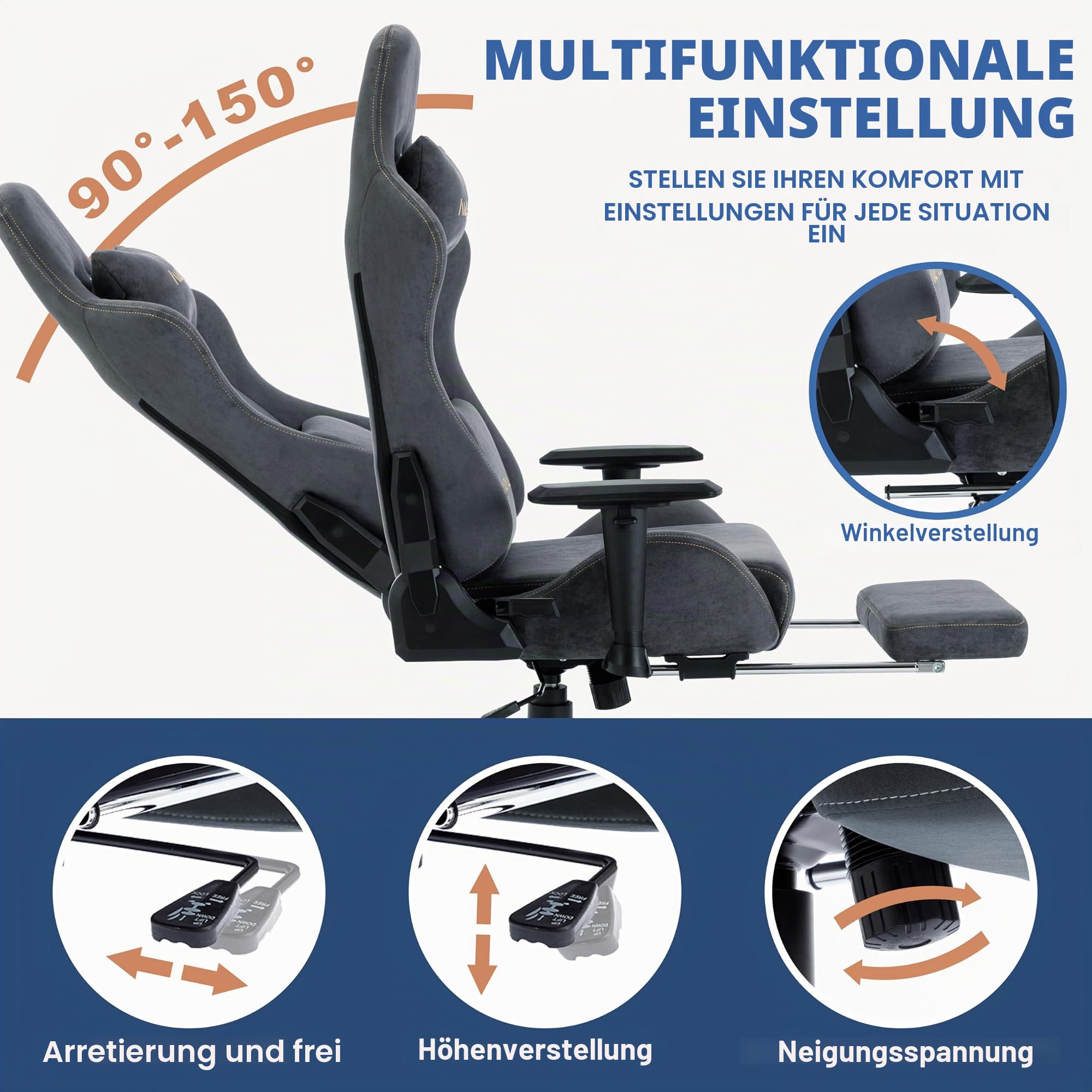 Andyou Gaming Stuhl – Ergonomischer Gaming Sessel Erwachsene, Gamingstuhl mit Fußstütze, Atmungsaktiver Stoff Bürostuhl, Höhenverstellbarer Gaming Chair