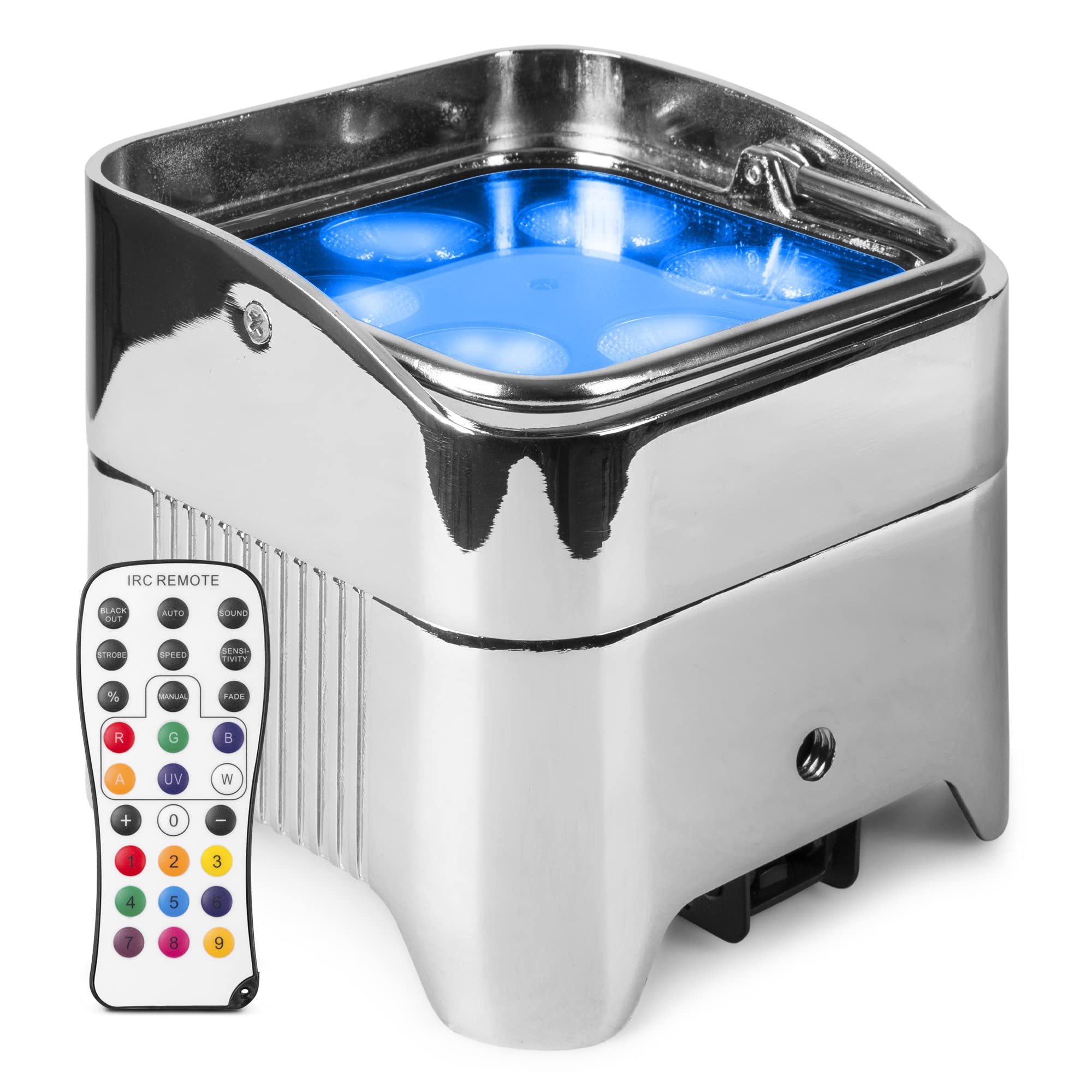 BeamZ BBP96SC – Pack de 2 foco bateria 6 x 12W RGBAW-UV con WDMX inalámbrico y luz led recargable ideal para focos led interior, eventos, luces fiesta y luz de discoteca para fiesta, color cromado