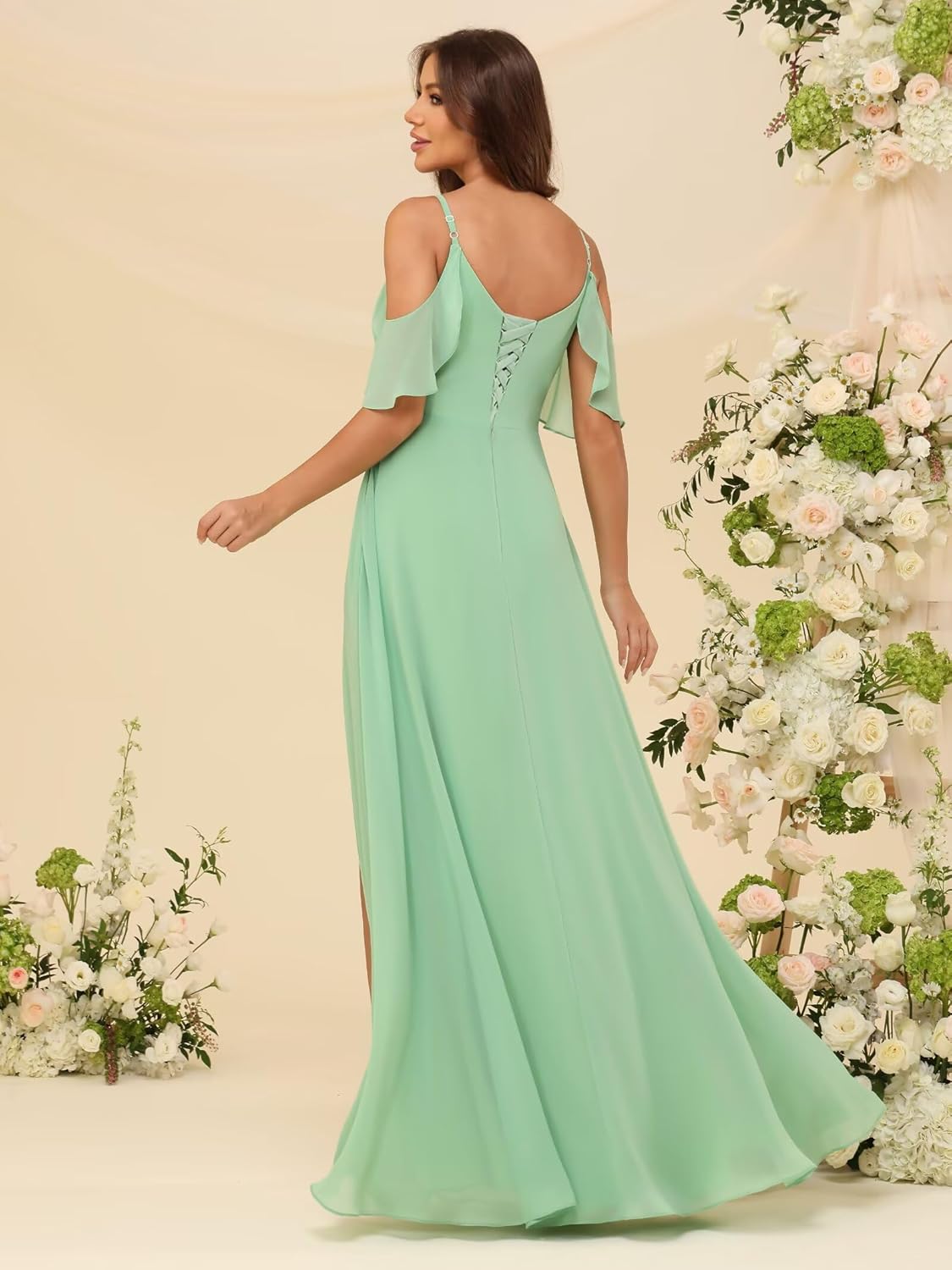 Women's Off Shoulder Chiffon Bridesmaid Dresses Ruffles Sleeve Corset Formal Evening Gown with Slit - Image 2