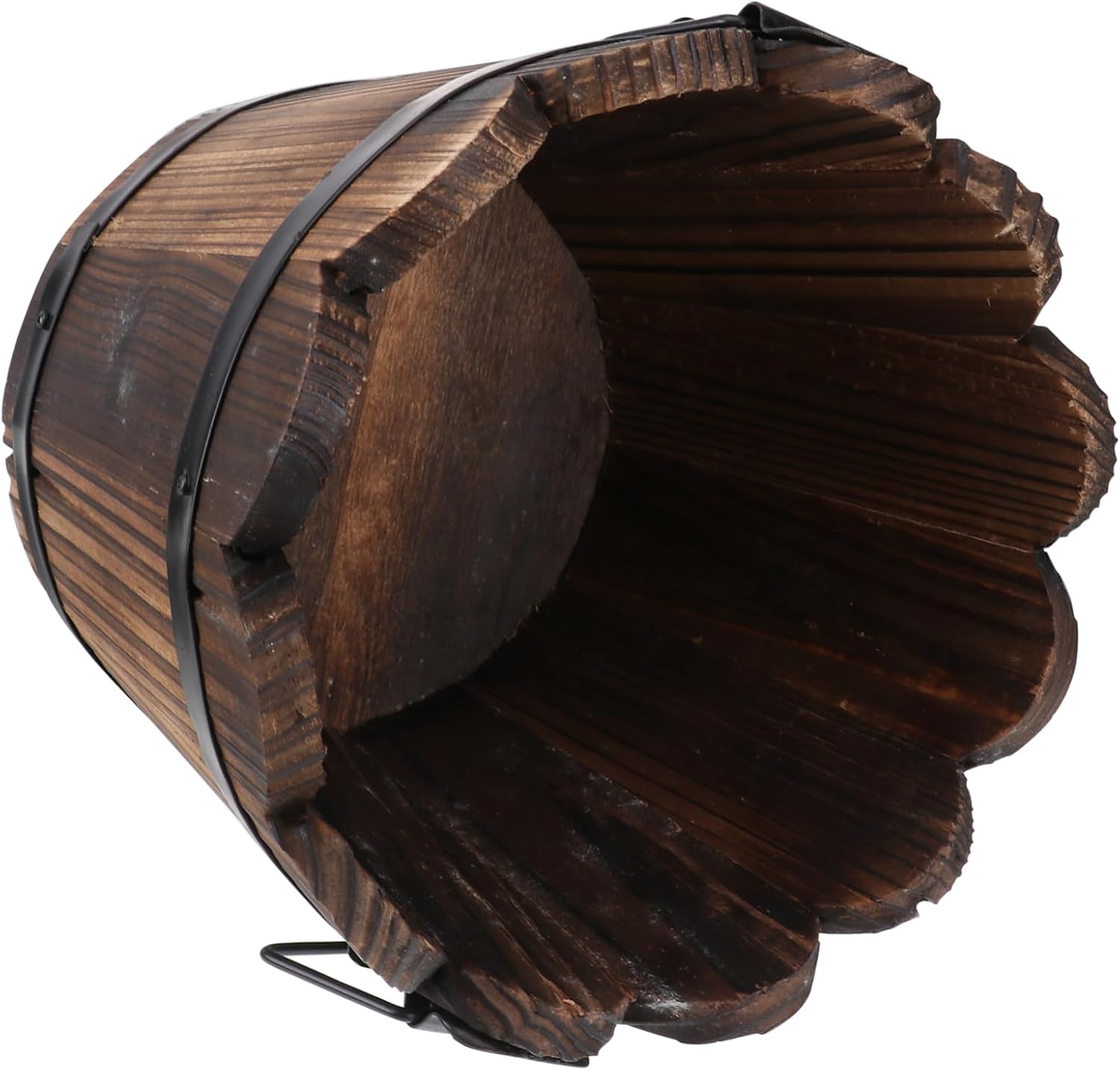 Solid Wood Carbonized Flower Pot for Succulents Retro Wave Mouth Design Large Desktop Decoration Plant Holder for Home and Balcony Brown Wooden Barrel Planter