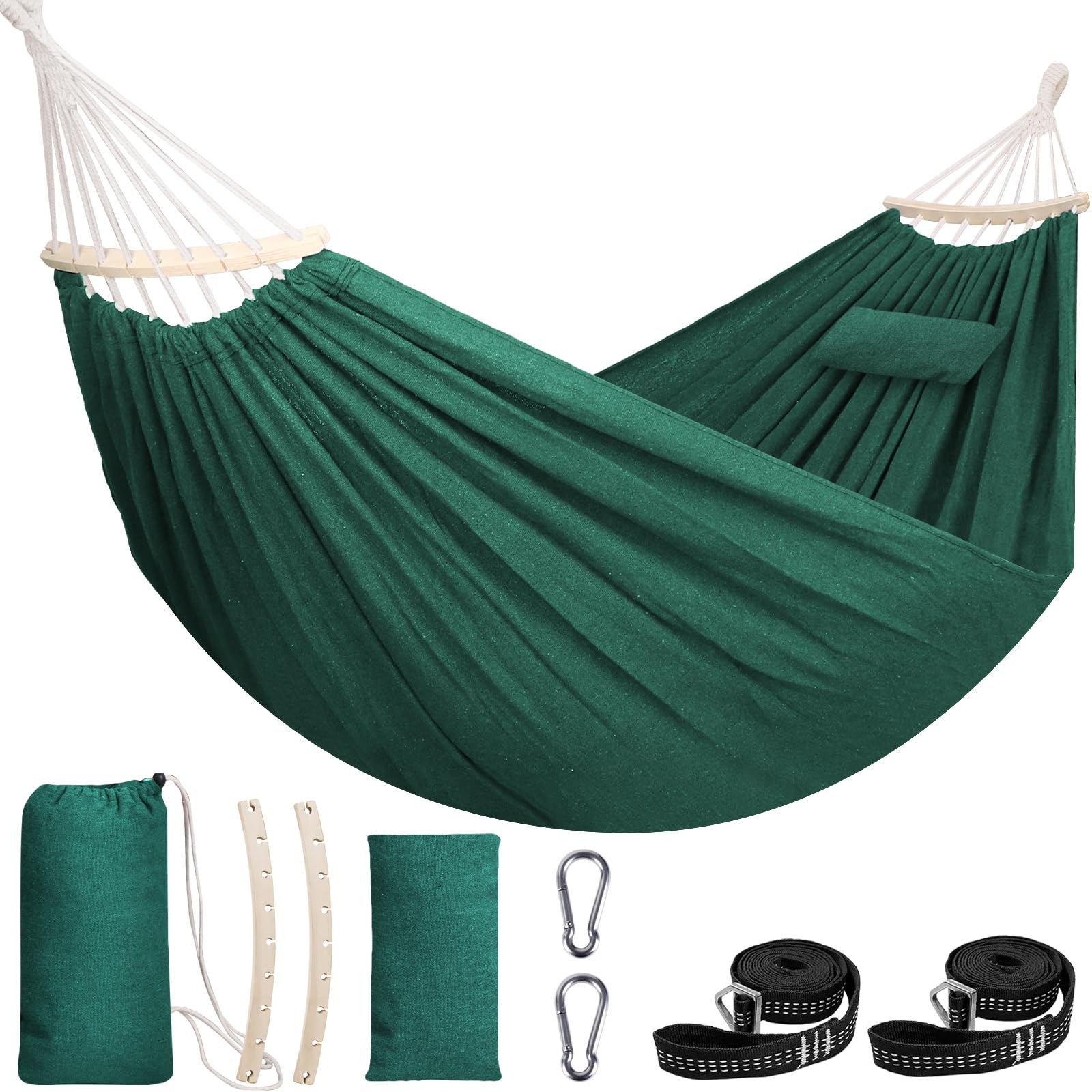 Chihee Cotton Hammock Enlarged Soft Breathable Camping Hammock 300x150cm Holds Up to 300kg Portable Tree Hammocks with Detachable Spreader Bar Pillow 2 Strong Webbings 2 Carabiners Indoor Outdoor