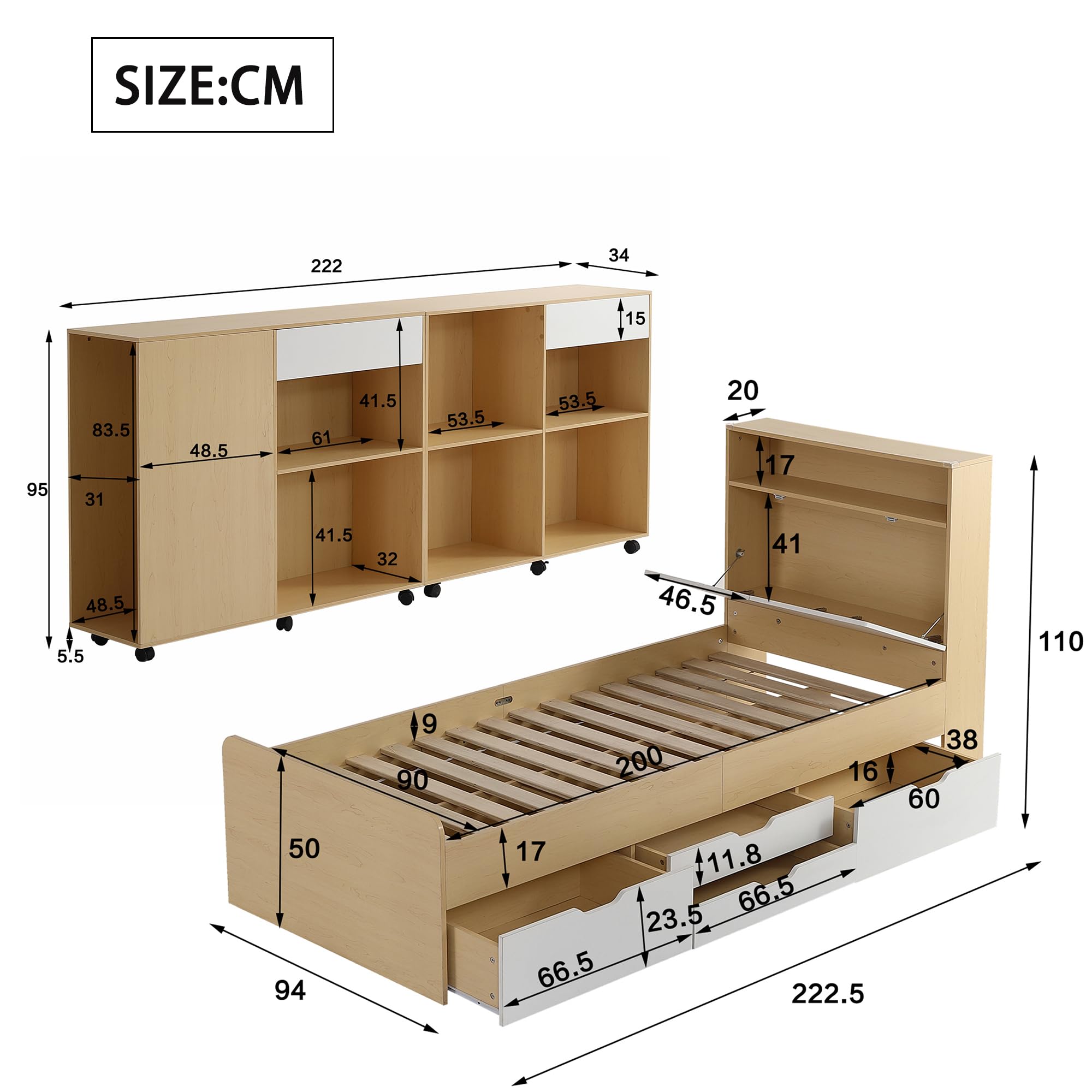 Set completo per camera da letto, camera dei ragazzi, letto singolo 90 x 200 cm + armadi, letto per ragazzi, letto a pannello con 4 cassetti, 2 armadi con ruote sul pavimento, MDF + truciolato, bianco