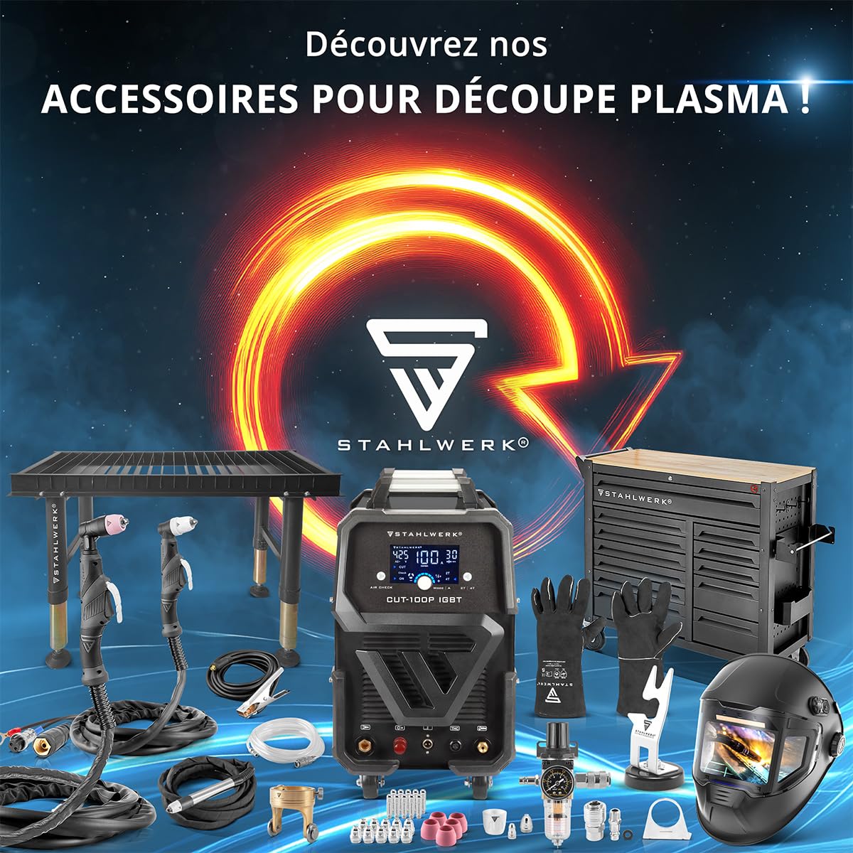 STAHLWERK Découpeur plasma CUT 50 P – Poste de découpe plasma de 15 à 45 A, capacité de coupe jusqu'à 15 mm, Plasma Cutter avec amorçage pilote HF, Smart Cooling, avec de nombreux accessoires