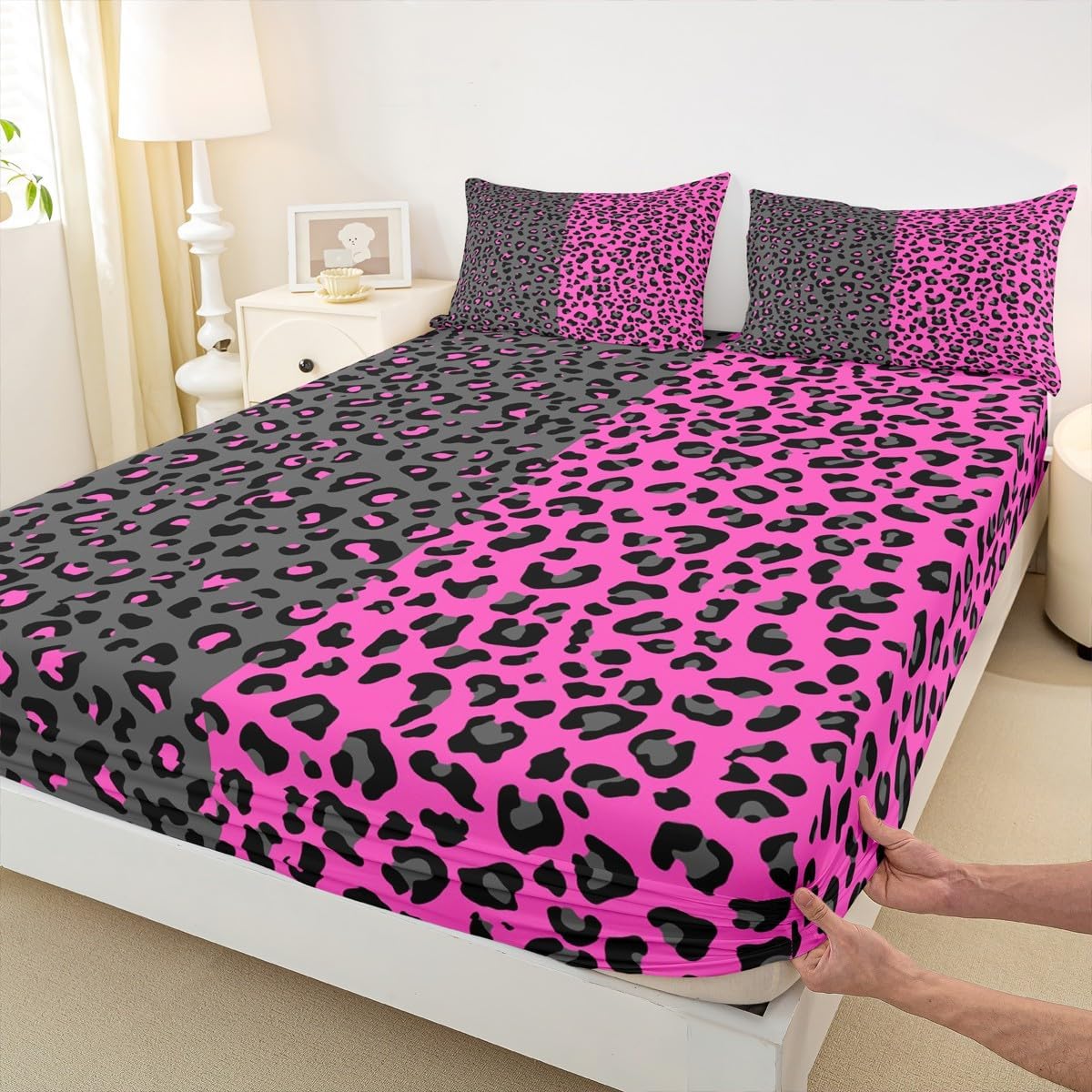 Manfei Leopard Print Sheet Set Full Size Cheetah Bed Sheet Set 4pcs with Deep Pocket Fitted Sheet + Flat Sheet + 2 Pillowcases Black and Purple Animals Soft Bedding Set for Kids Teens Boys Girls