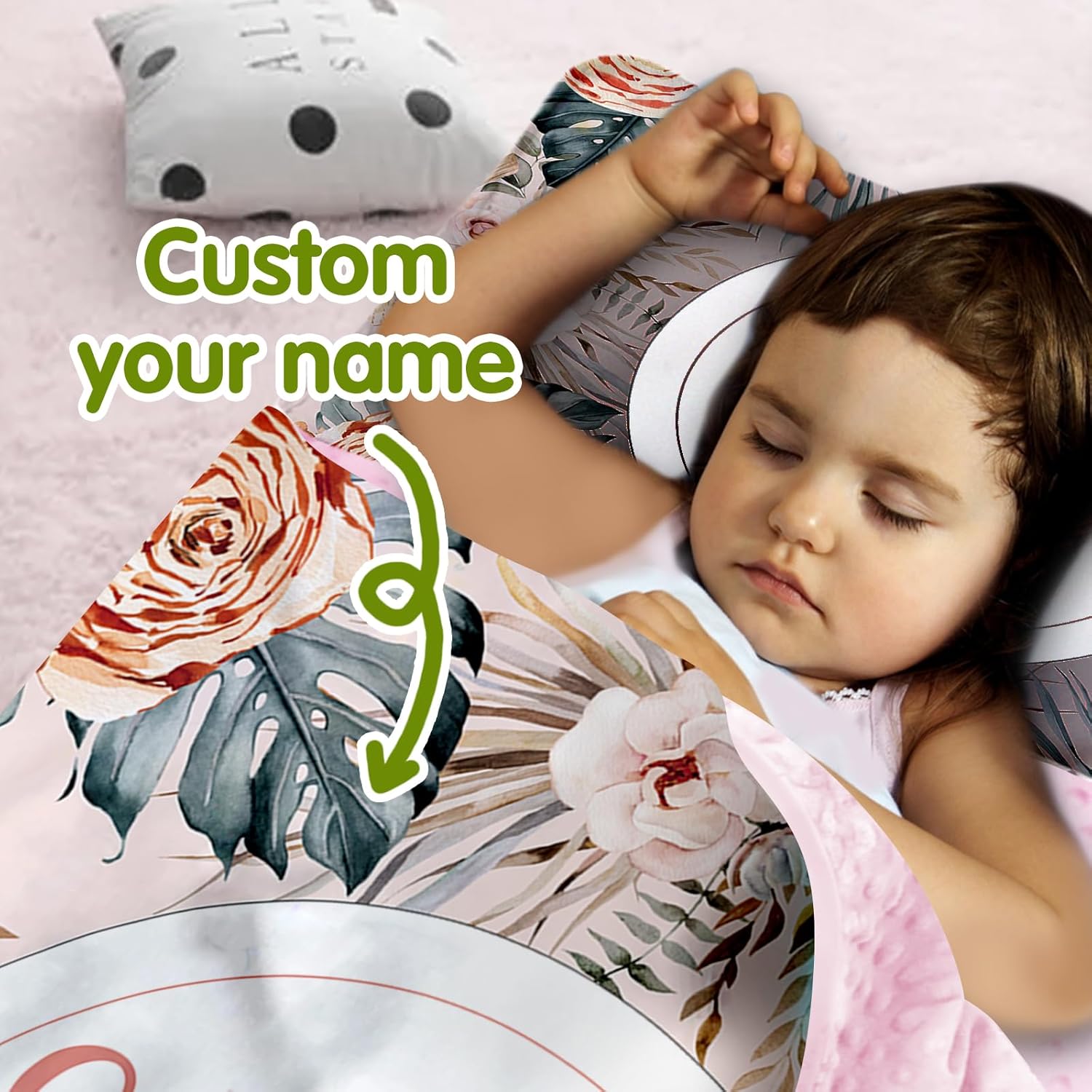 Custom Toddler Nap Mat for Preschool, Personalized Name Flower Kids Sleeping Bag for Daycare, Roll Up Sleeping Mat with Removable Pillow and Soft Dot Minky Blanke for Girls Camping