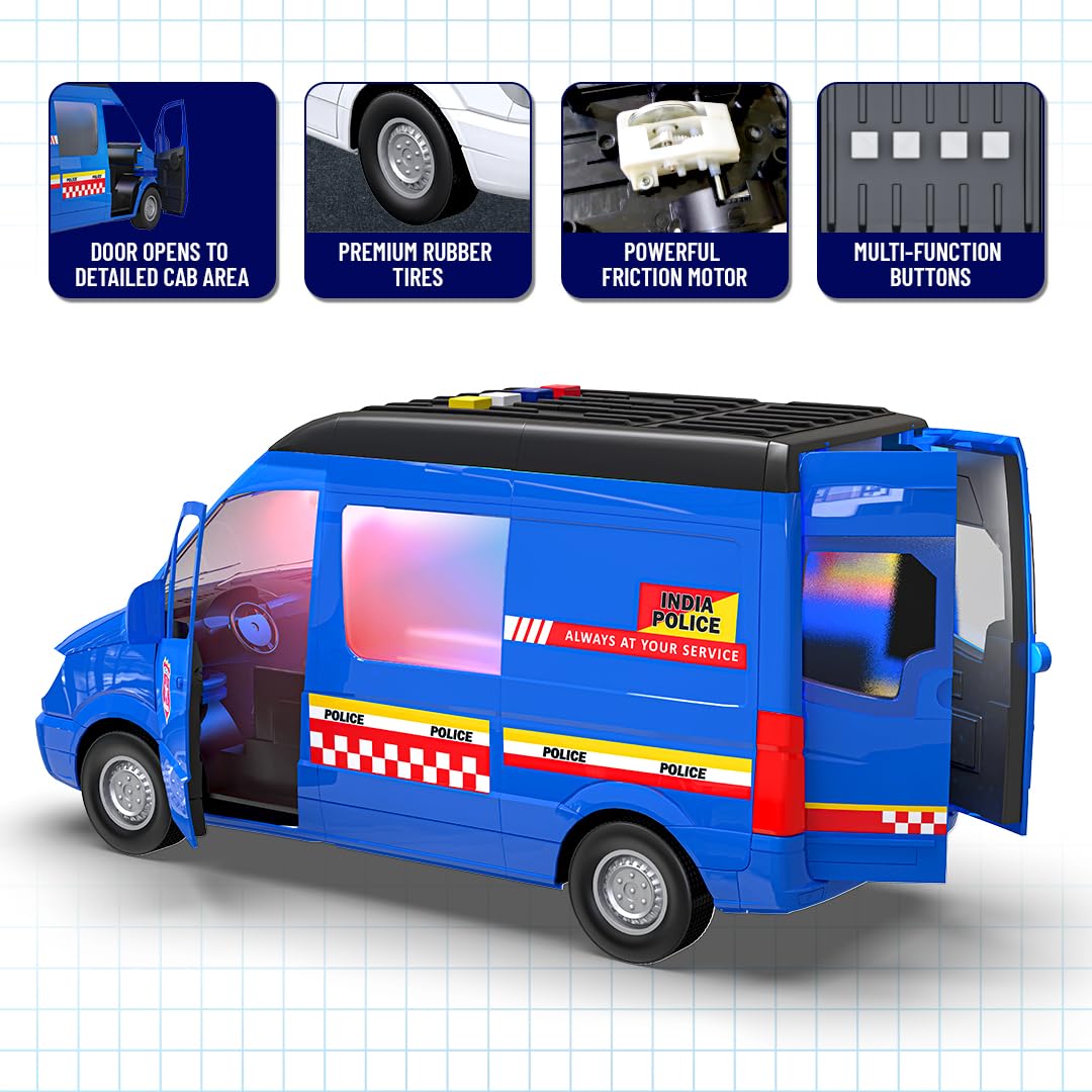 Mirana India Police - Big Toy Van for Kids - Multiple Emergency Sirens - 4 Preloaded Baby Rhymes - Friction Powered Wheels - Detailed Cab Area - Best Cop Car for Boys & Girls (Police Van) 2