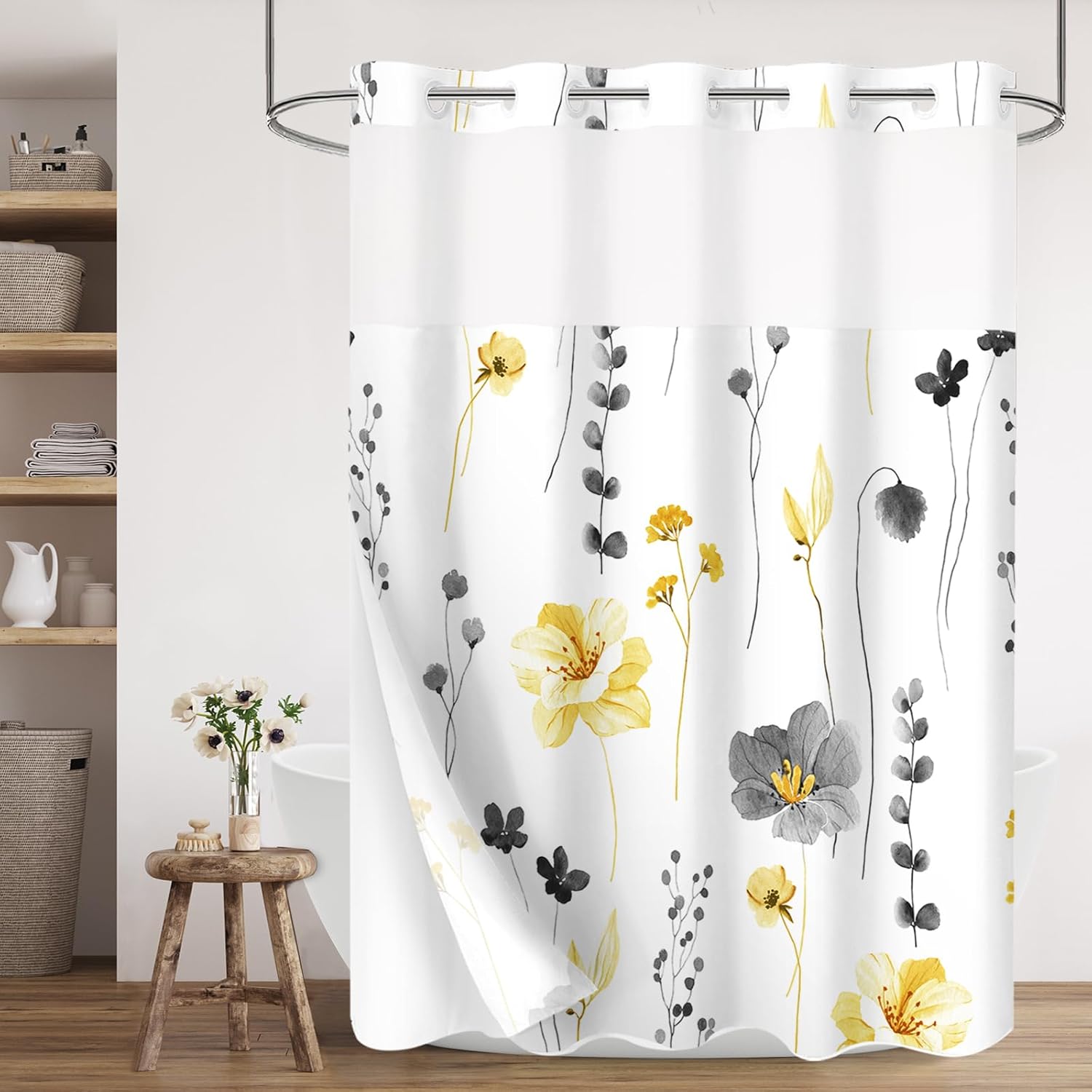 Gibelle No Hook Long Floral Shower Curtain with Snap-in Fabric Liner Set - 72" x 80"(78"), Hotel Style Yellow Gray Modern Flower Shower Curtain with See Through Top Window, Waterproof & Washable