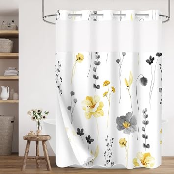 Gibelle No Hook Floral Shower Curtain with Snap-in Fabric Liner Set for Bathroom, Hotel Style Yellow Gray Modern Flower Shower Curtain with See Through Top Window, Waterproof & Washable, 72x74