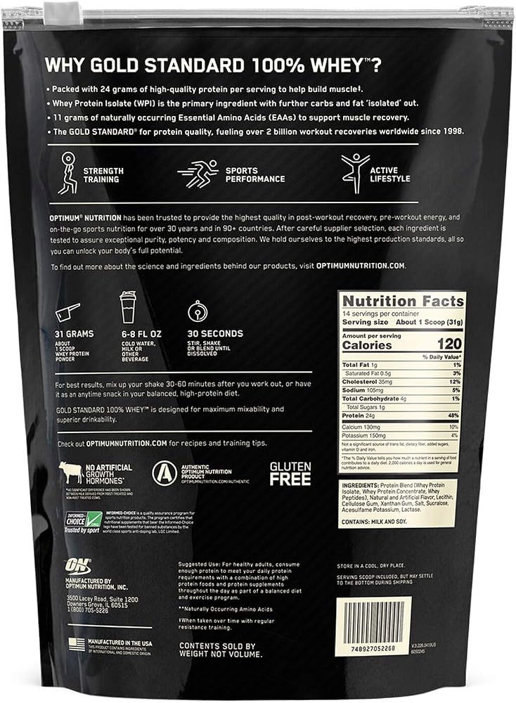 Optimum Nutrition Gold Standard 100% Whey Protein Powder, Vanilla Ice Cream, 1 Pound (Packaging May Vary)
