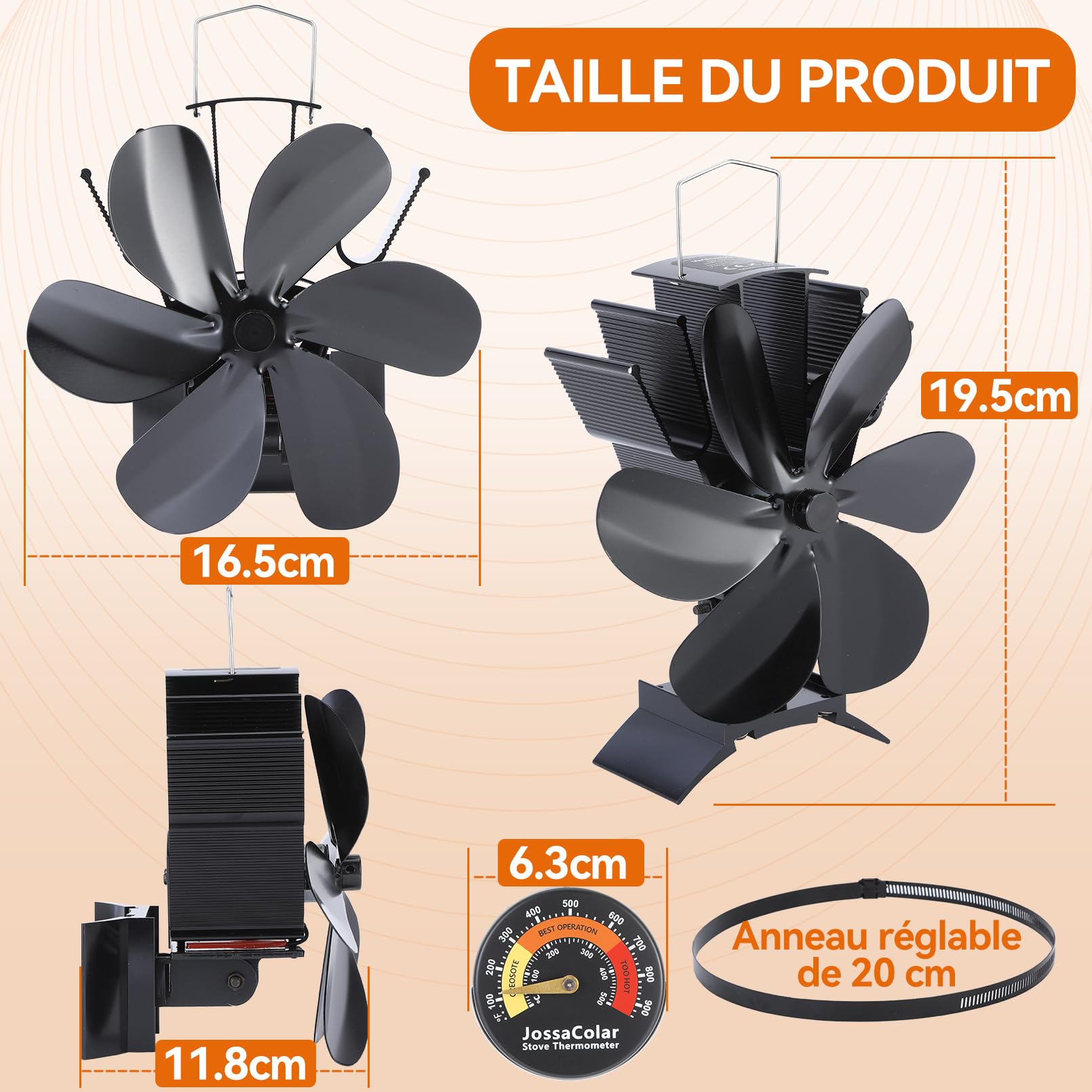 JossaColar Ventilateur Poele à Bois Magnetique 6 Pales | Socle Réglable - Adapté aux Cheminées et aux Tuyaux de Poêle | Ventilateur de Cheminée Avec Thermomètre Magnétique
