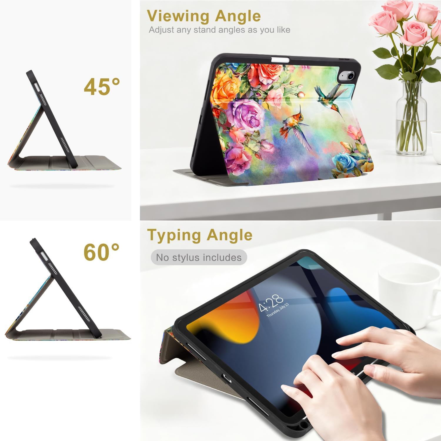 Lokigo New for iPad (A16) 11th Generation Case 11 Inch (2025), iPad 10th Generation Case 10.9 Inch (2022), Multi-Viewing Protective Stand AppleiPad A16Case, Hummingbird Floral