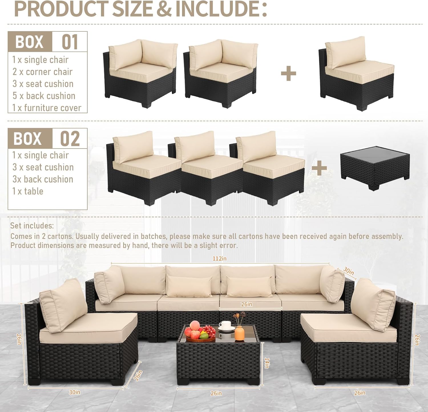 Lviden 7 Pieces Outdoor PE Wicker Furniture Set Patio Rattan Sectional Conversation Sofa Set with Khaki Cushions and Glass Top Table