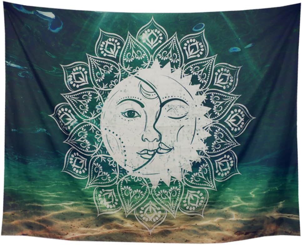 Racunbula Green Moon and Sun Tapestry Sacred Bohemian Psychedelic Tapestry Mandala Wall Tapestry Indian Celestial Energy Mystic Tapestry Hippie Hippy Wall Hanging for Living Room Bedroom Dorm