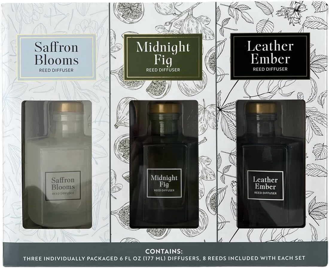 Bellevue Reed Diffuser Set, Three 6 fl oz Glass Filled Diffuser, Highly Concentrated Fragrances with Essential Oils, Home Fragrance (Leather Ember, Midnight Fig, Saffron Blooms)