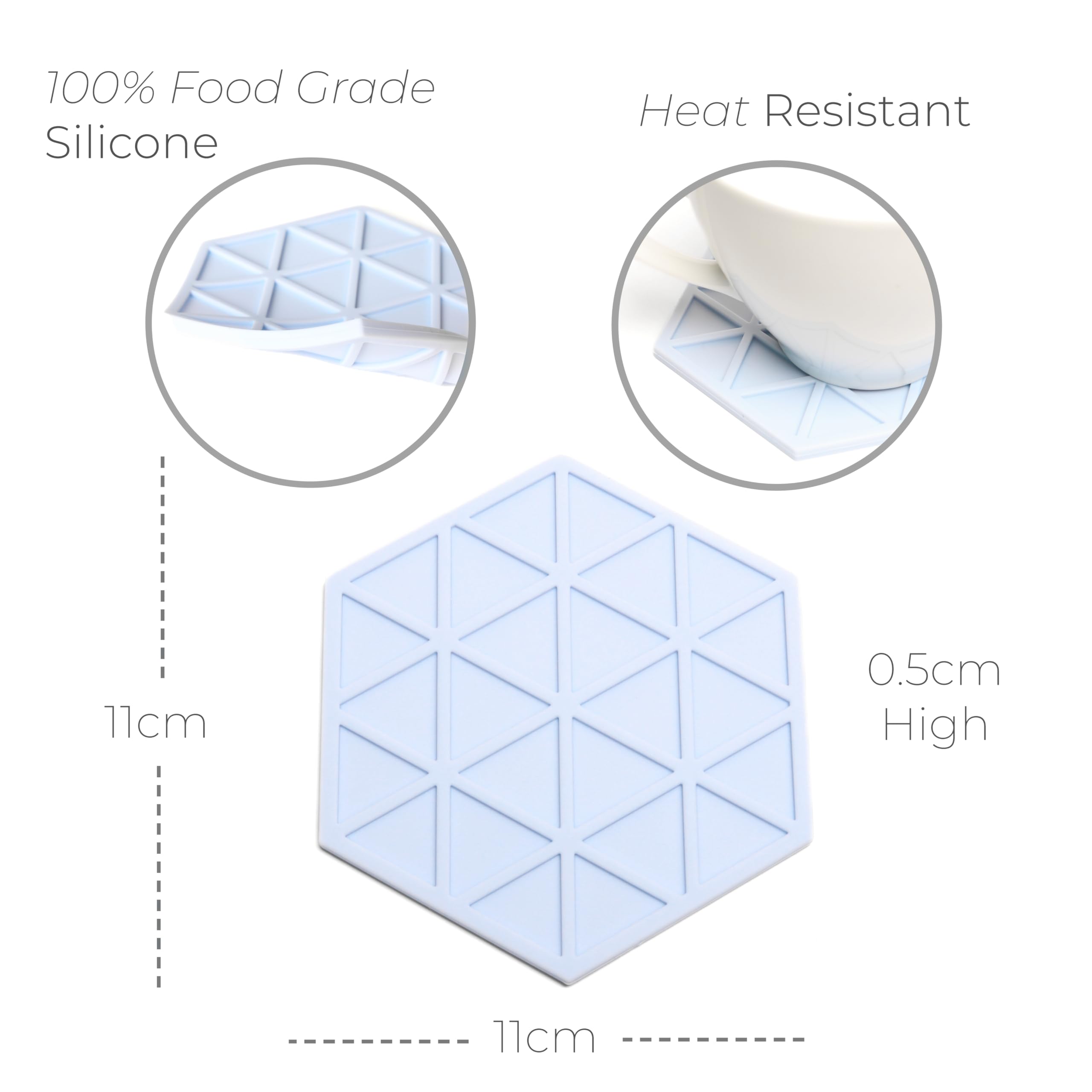 Light Blue Silicone Drinks Coasters set of 6 by Stone & Thyme, a UK Brand. Scandinavian Style Hexagon Coasters, Non Slip - Image 3