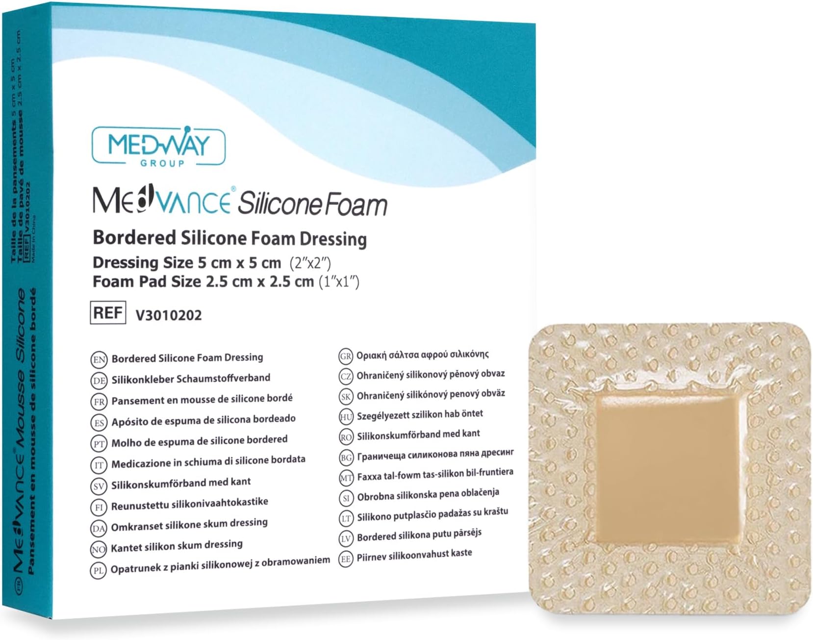MedVanceTM Silicone - Bordered Silicone Adhesive Foam Dressing Size 5 cm x 5 cm (2.5 cm x 2.5 cm Pad), Box of 5 dressings