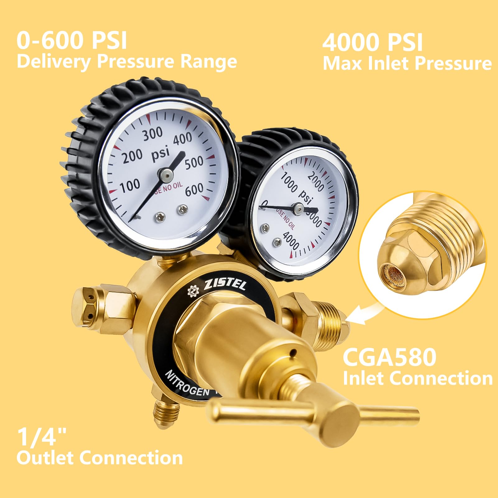 Regulador de nitrógeno 0-600PSI presión de entrega CGA580 conexión de entrada y conexión de salida macho de 1/4 pulgadas, regulador de tanque de nitrógeno