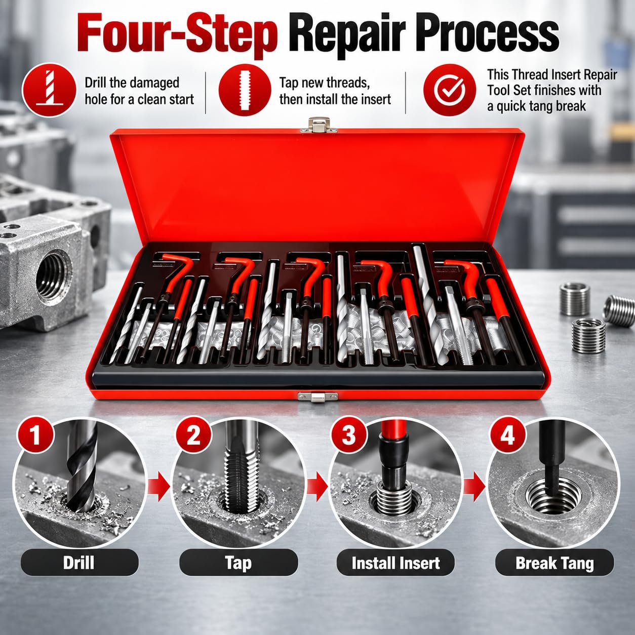 Kit reparación roscas métricas 131 Piezas, tamaños métricos 5 6 8 10 y 12