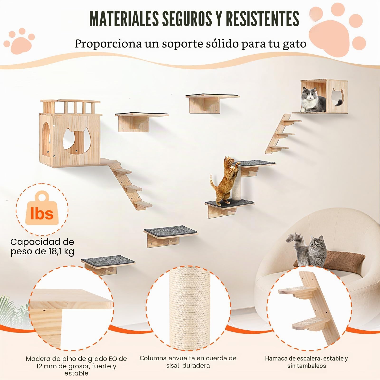 VEVOR 9 PCS Estantes de Pared para Gatos Carga de 18,14 kg Estantes de Pared para Gatos y Perchas con Tablas para Saltar, Camas para Gatos, Hamacas y Árboles para Gatos para Dormir, Jugar y Trepar