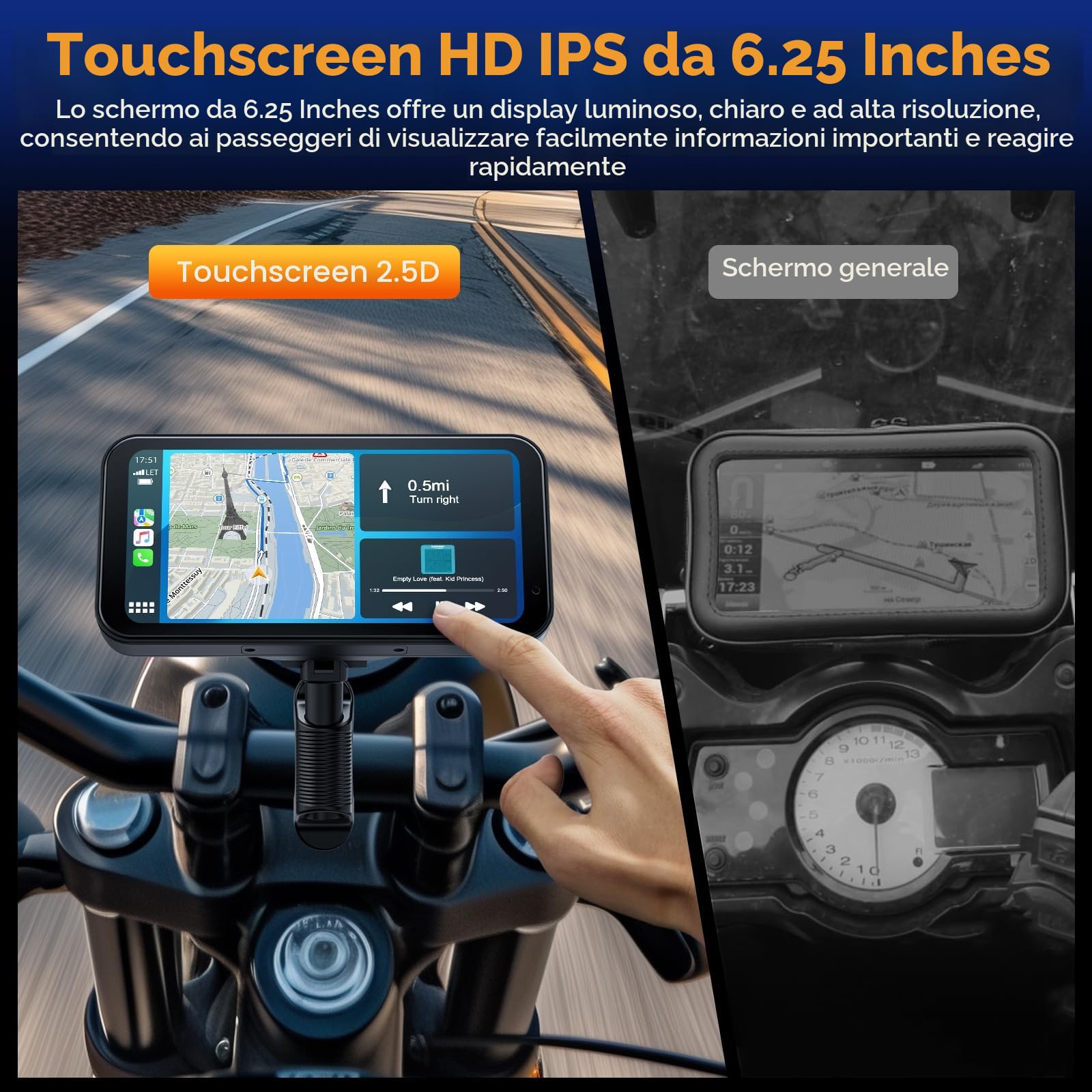 Volam Schermo portatile per Carplay Wireless Android Auto per moto, touchscreen impermeabile IP67 da 6.25 pollici, navigazione GPS automatica, supporto Siri/Google Assistant