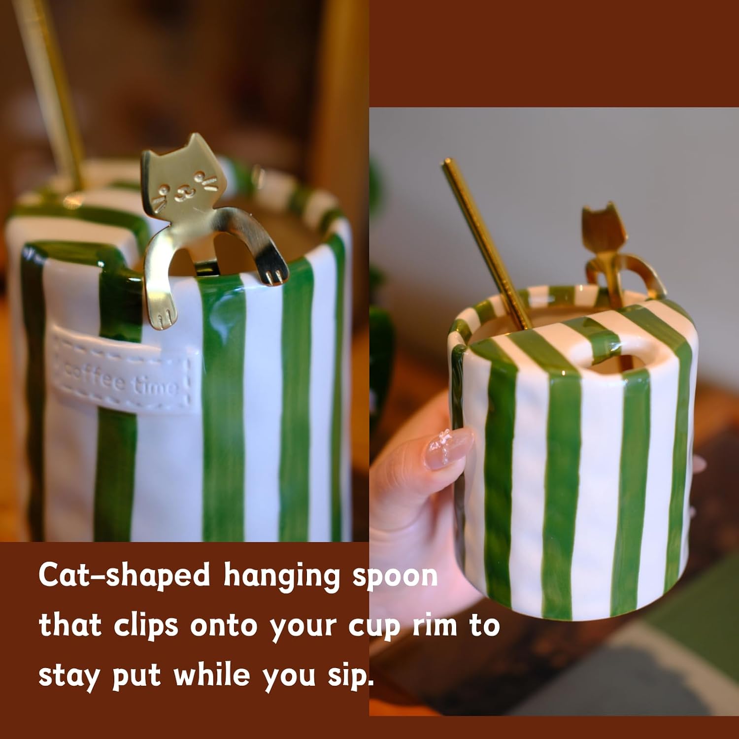 10oz Ceramic Coffee Mug Espresso Cup Hand-Painted Striped Art with Heat-Insulating Sleeve, Cork Coaster, Cat Spoon, Stainless Steel Straw, Birthday Gift for Women Men Him Her - Gift Box