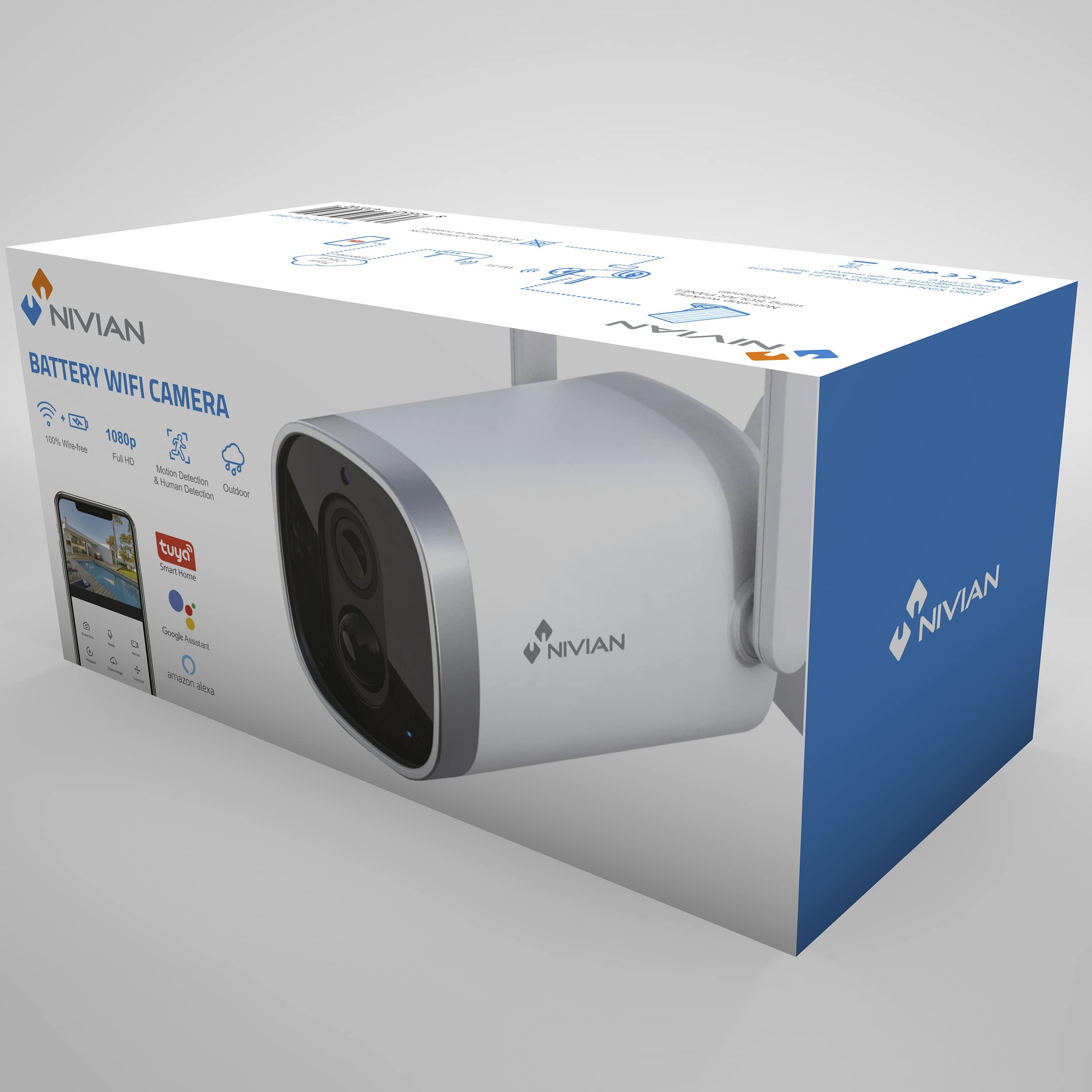 NIVIAN-Cámara de vigilancia WiFi-Batería Larga duración 10400mAh hasta 240 días-FullHD-Detección de Movimiento y Humanos-Apta Exterior-Visión Nocturna-Audio bidireccional- Alexa, Google Home,App Tuya