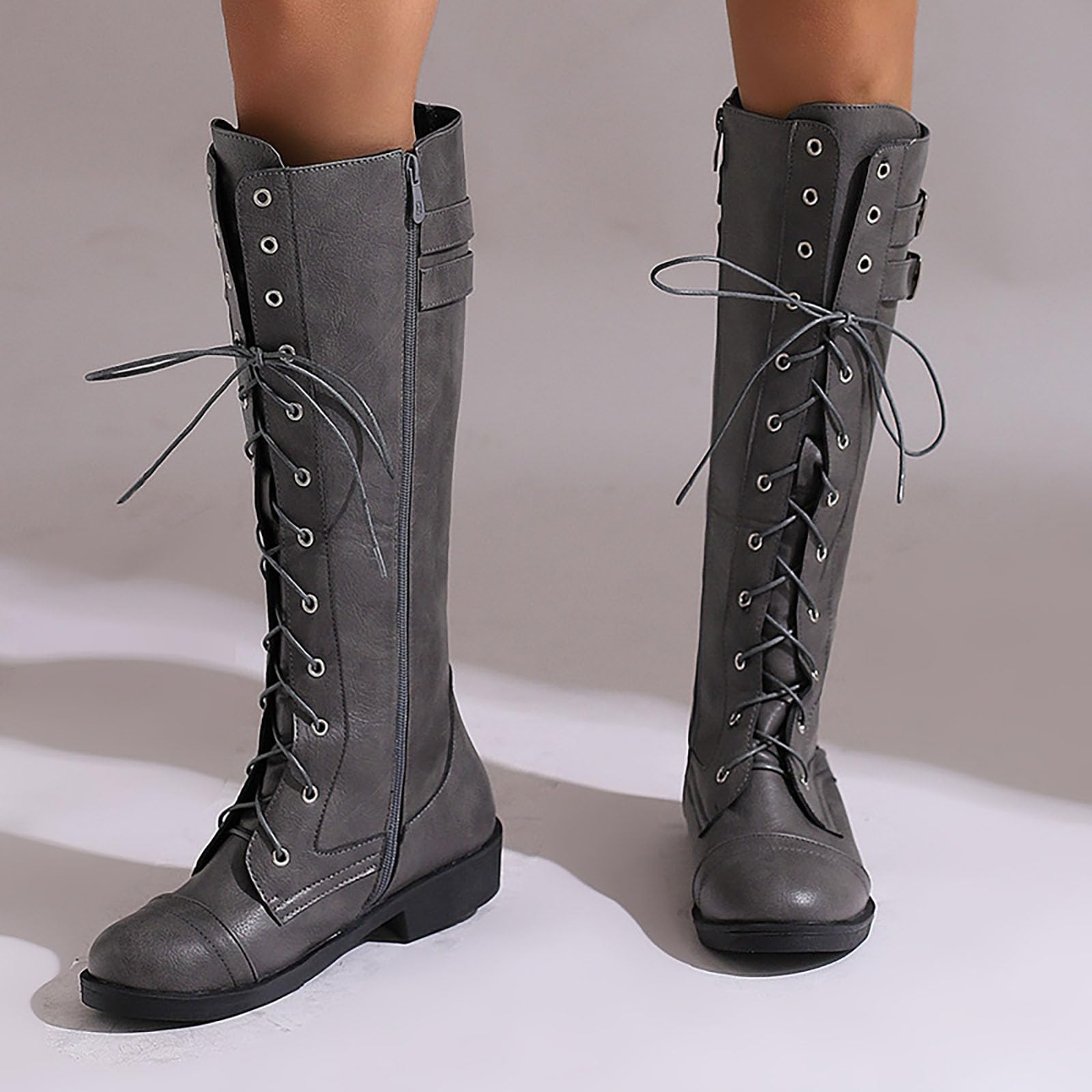 Botas de mujer con cordones en la parte delantera, tacón bajo, cremallera lateral y cinturón, hasta la pantorrilla, botas occidentales para mujer